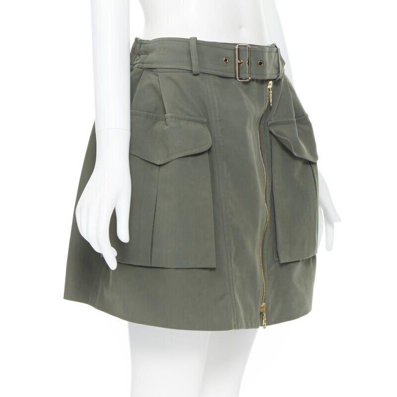 Beige KENZO military khaki green cotton dual pockets belted elasticated skirt Fr38 For Sale