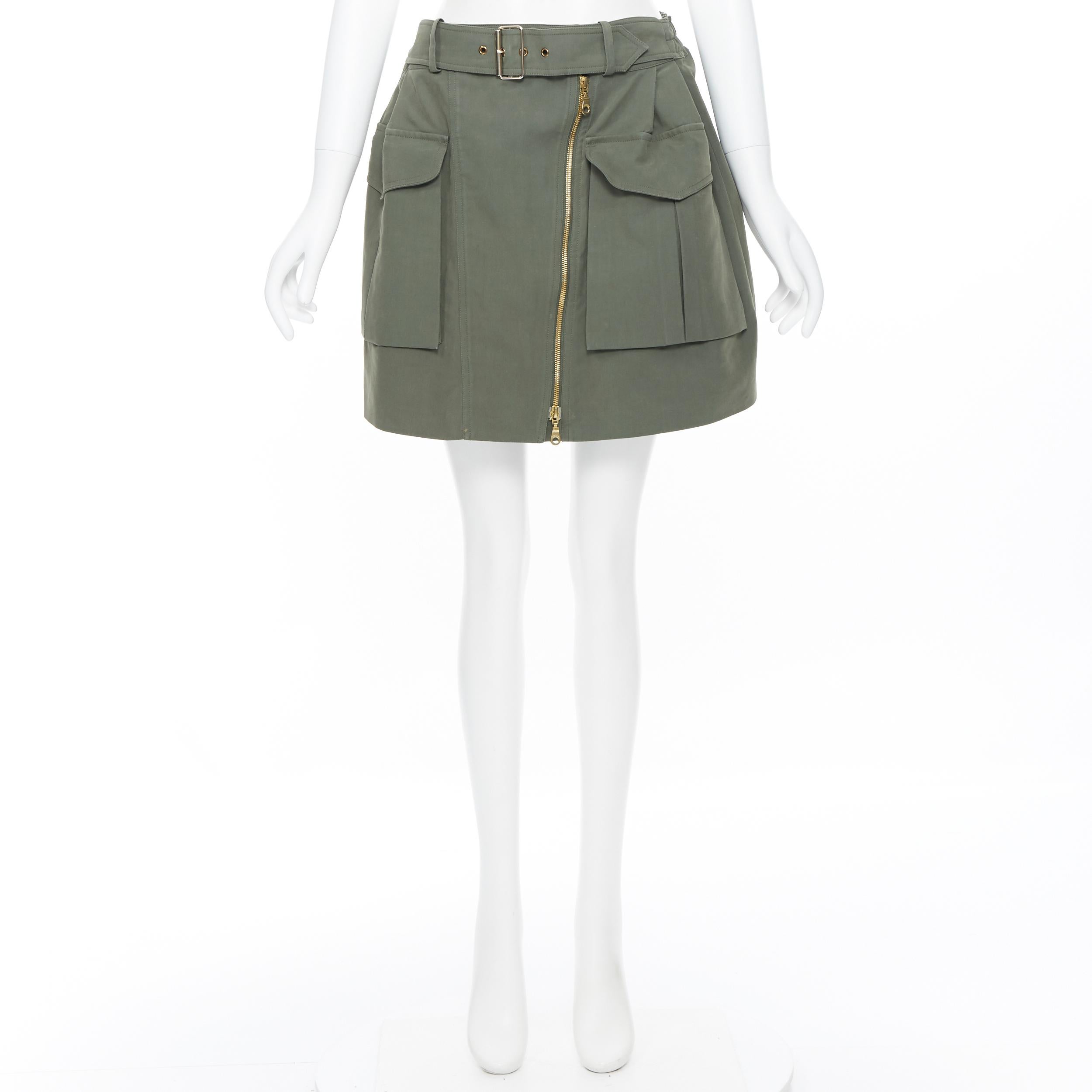 Beige KENZO military khaki green cotton dual pockets belted elasticated skirt Fr38 For Sale