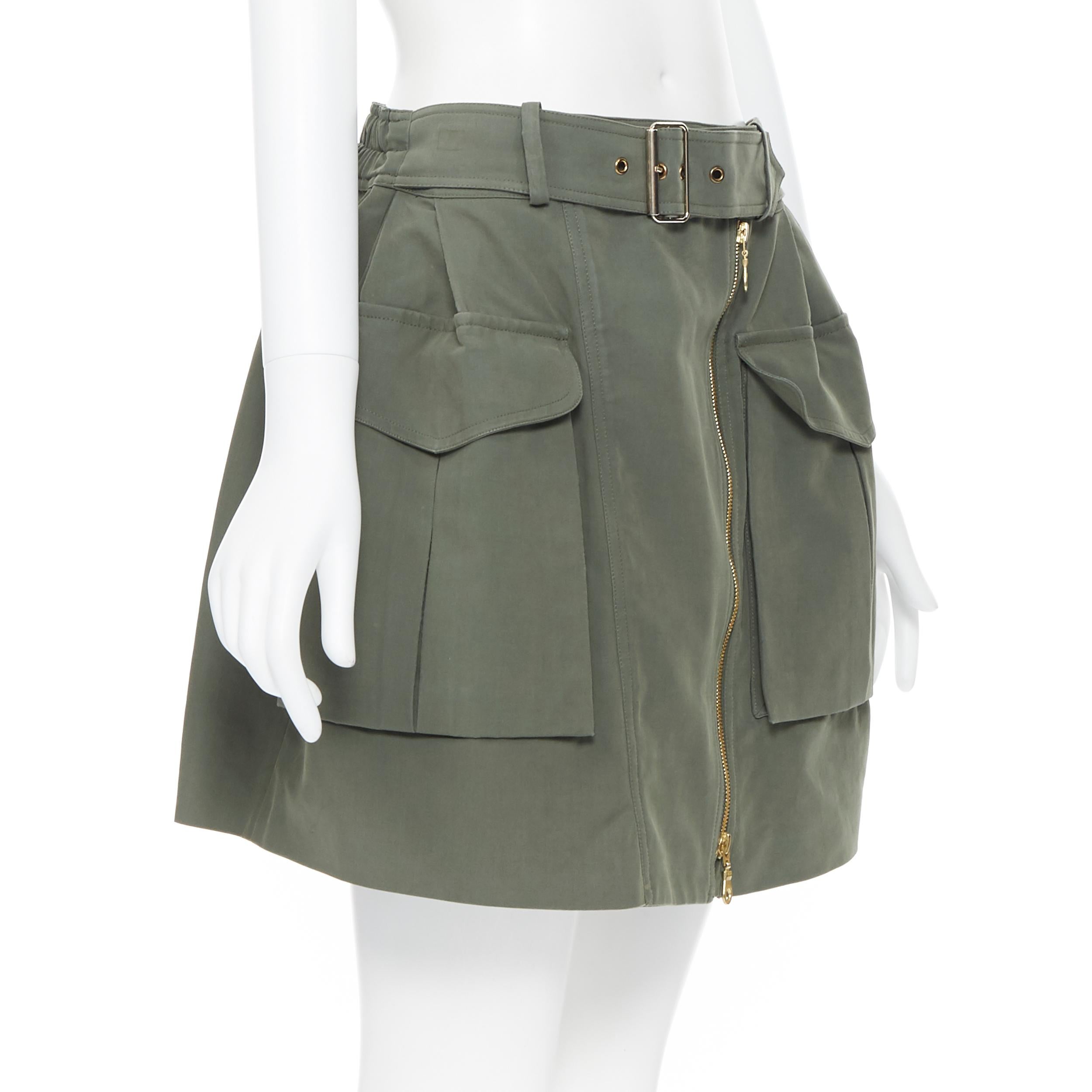 KENZO military khaki green cotton dual pockets belted elasticated skirt Fr38 In Good Condition For Sale In Hong Kong, NT