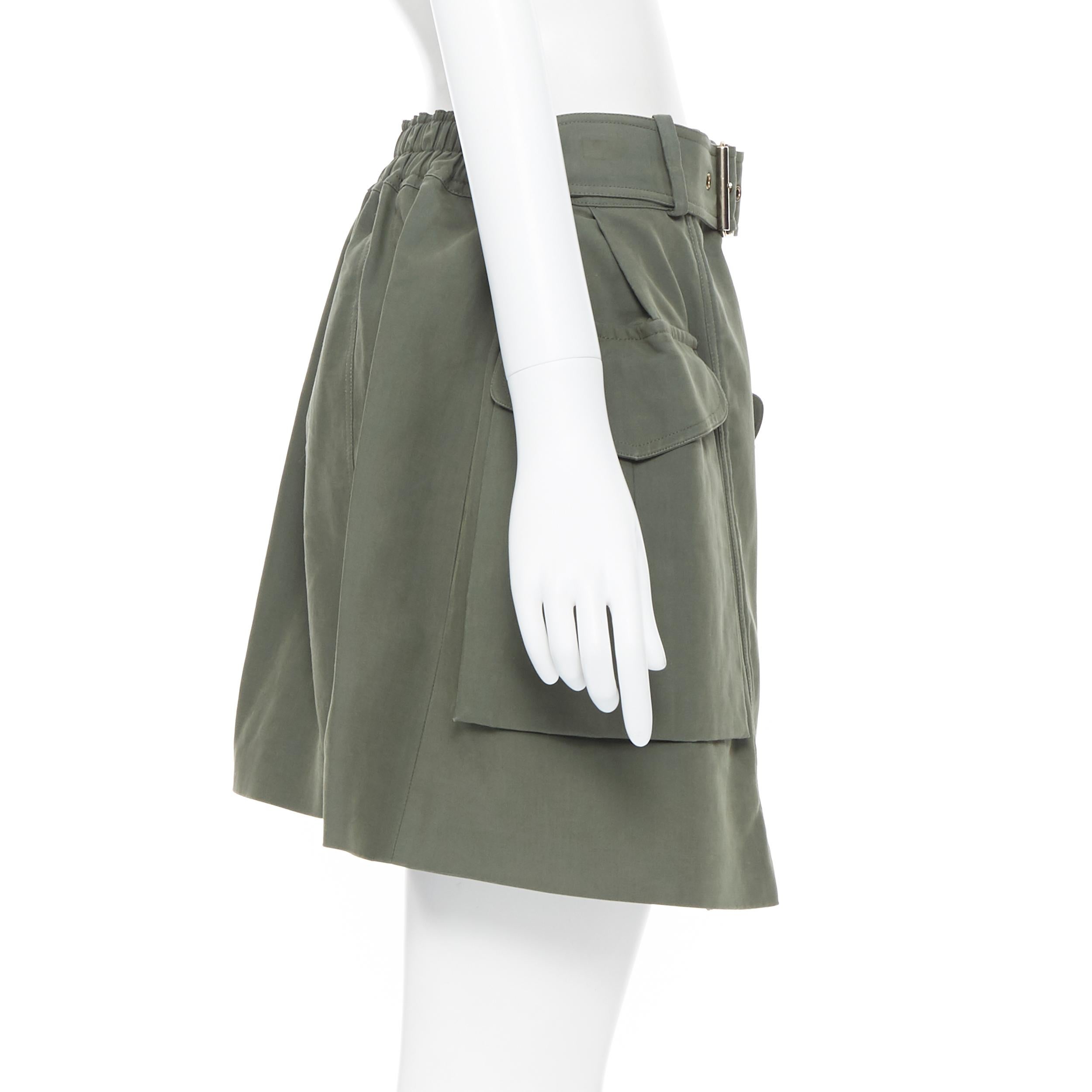 Women's KENZO military khaki green cotton dual pockets belted elasticated skirt Fr38 For Sale