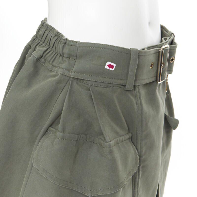 KENZO military khaki green cotton dual pockets belted elasticated skirt Fr38 For Sale 2