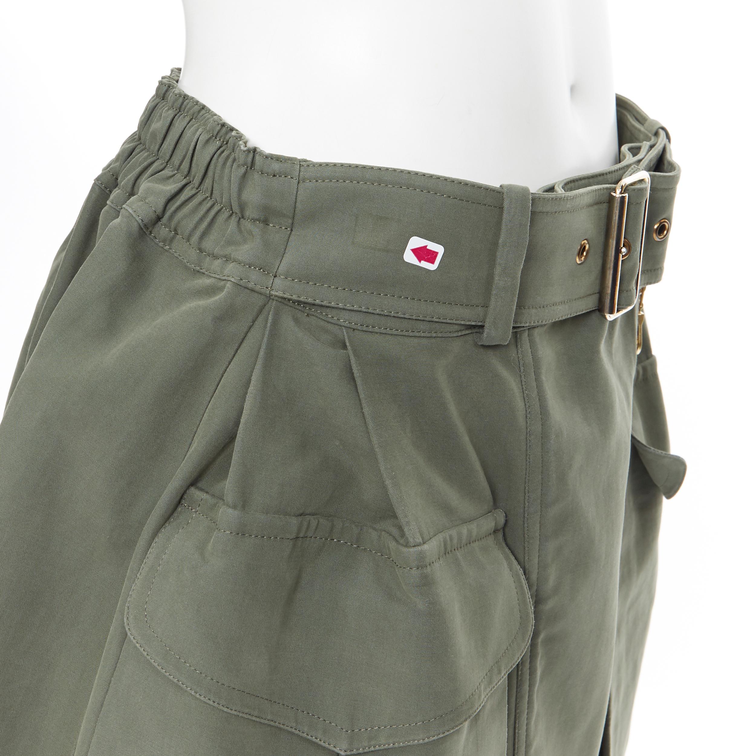 KENZO military khaki green cotton dual pockets belted elasticated skirt Fr38 For Sale 3