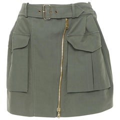 KENZO gonna militare in cotone verde kaki a due tasche con cintura elasticizzata Fr38