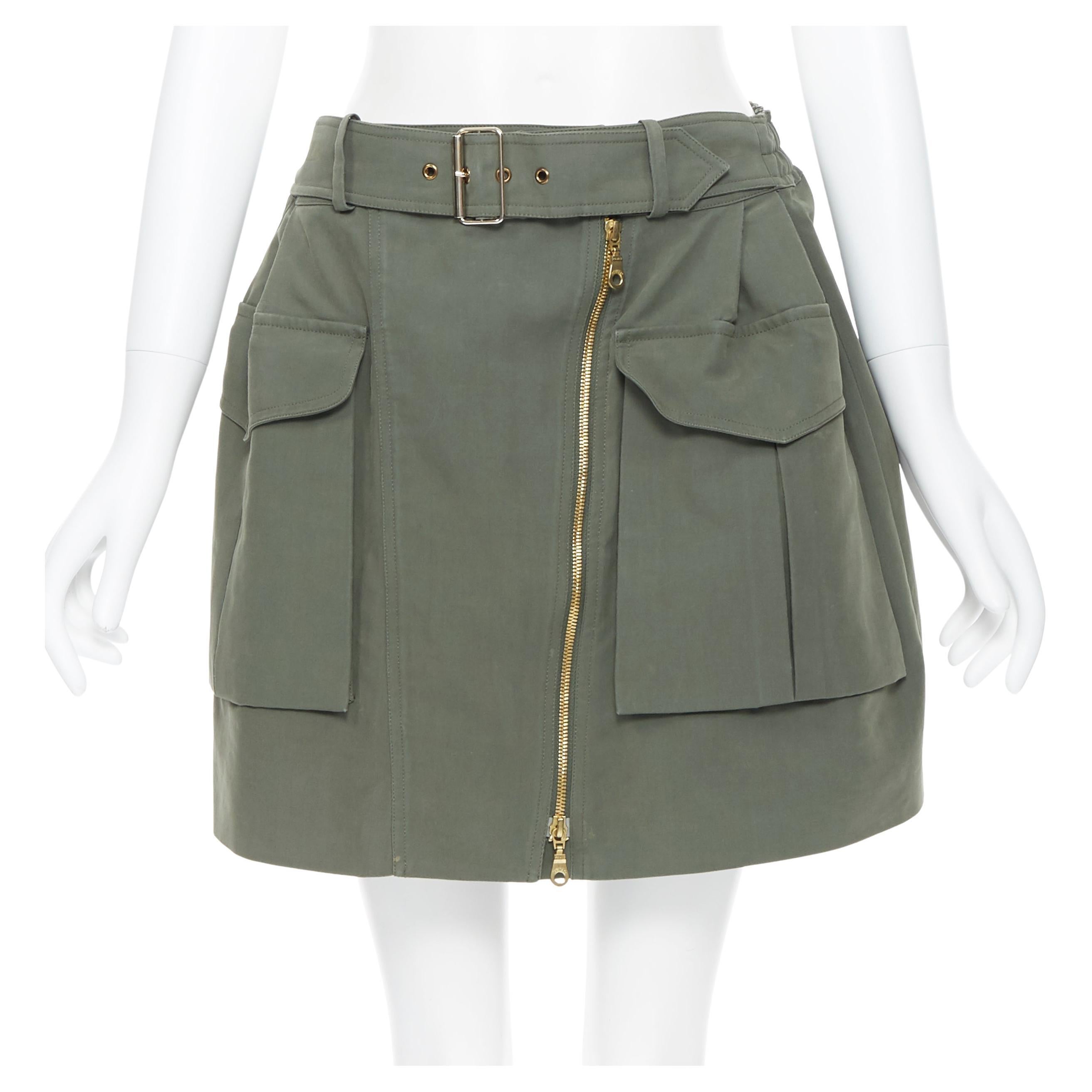 KENZO military khaki green cotton dual pockets belted elasticated skirt Fr38 For Sale