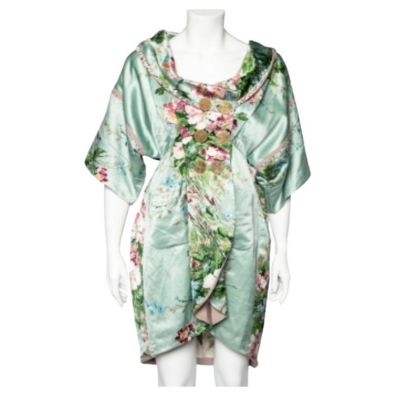 Kenzo Manteau croisé vert menthe imprimé floral en lin mélangé M