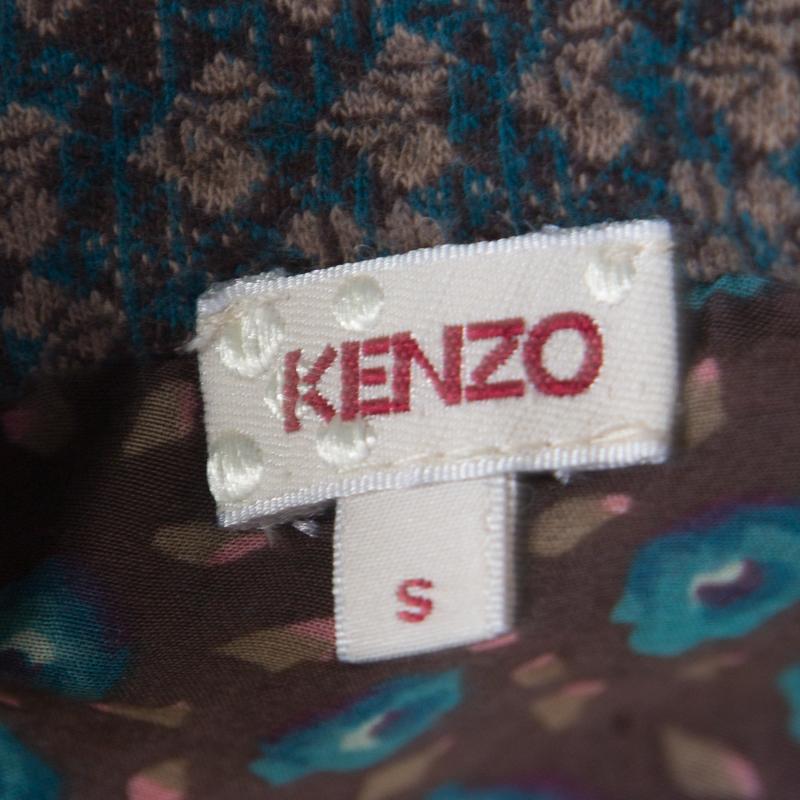 Kenzo Multicolor Floral and Checked Print Blouson Top S In Good Condition For Sale In Dubai, Al Qouz 2