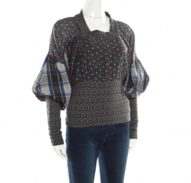 Kenzo - Top Blouson con stampa floreale e a quadri multicolore S in vendita 1