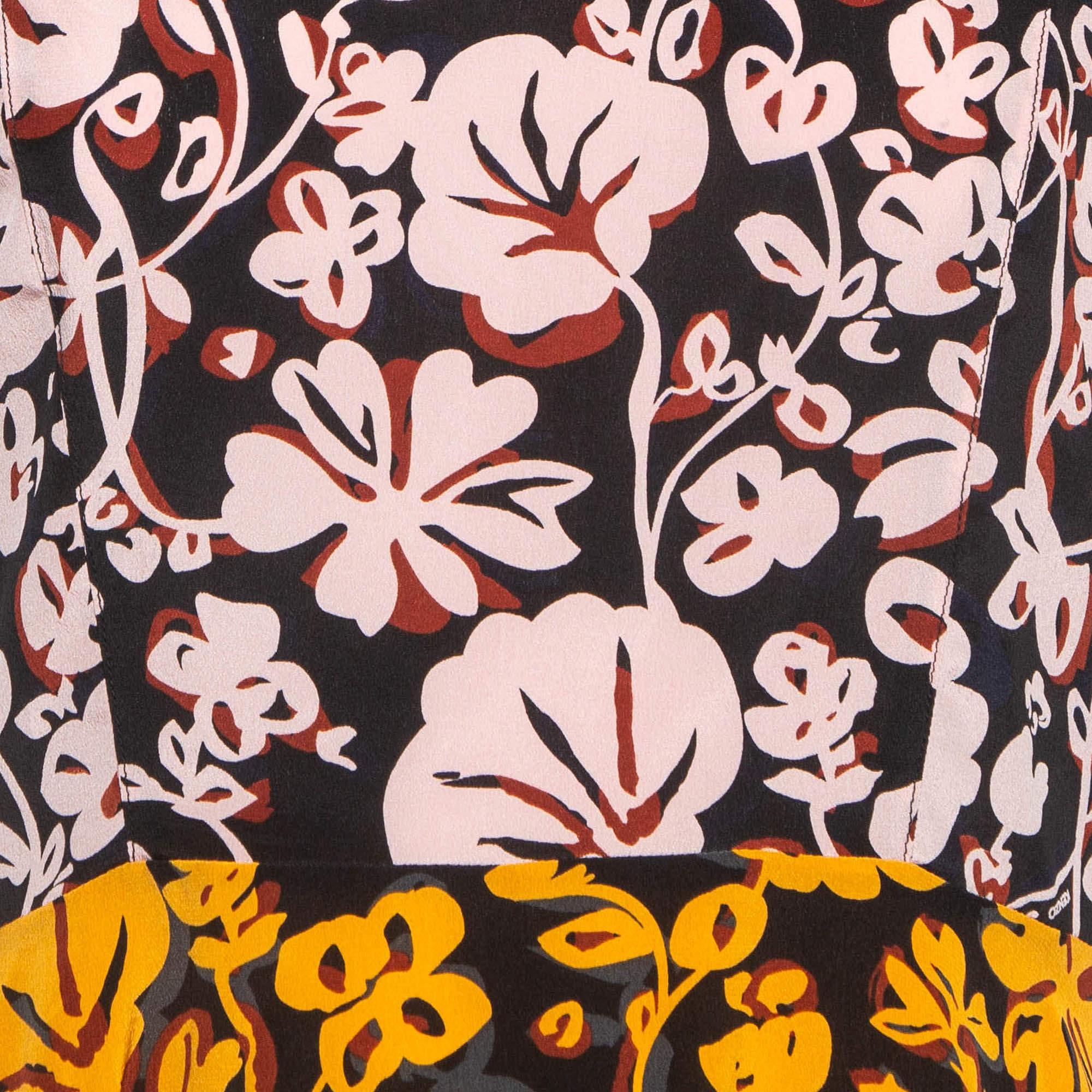 Brown Kenzo Multicolor Floral Print Silk Flared Top M For Sale