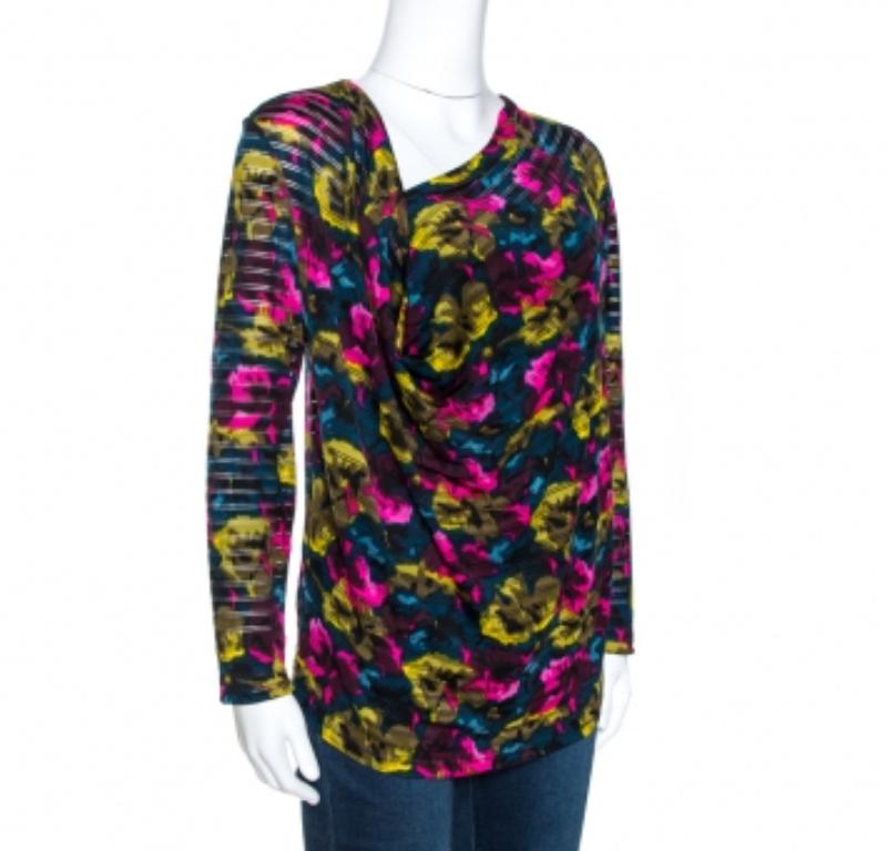 Kenzo haut à col drapé asymétrique en soie imprimée multicolore XL en vente 1