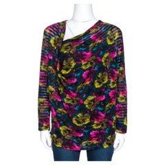 Kenzo Multicolor Printed Silk Asymmetric Draped Neck Top XL