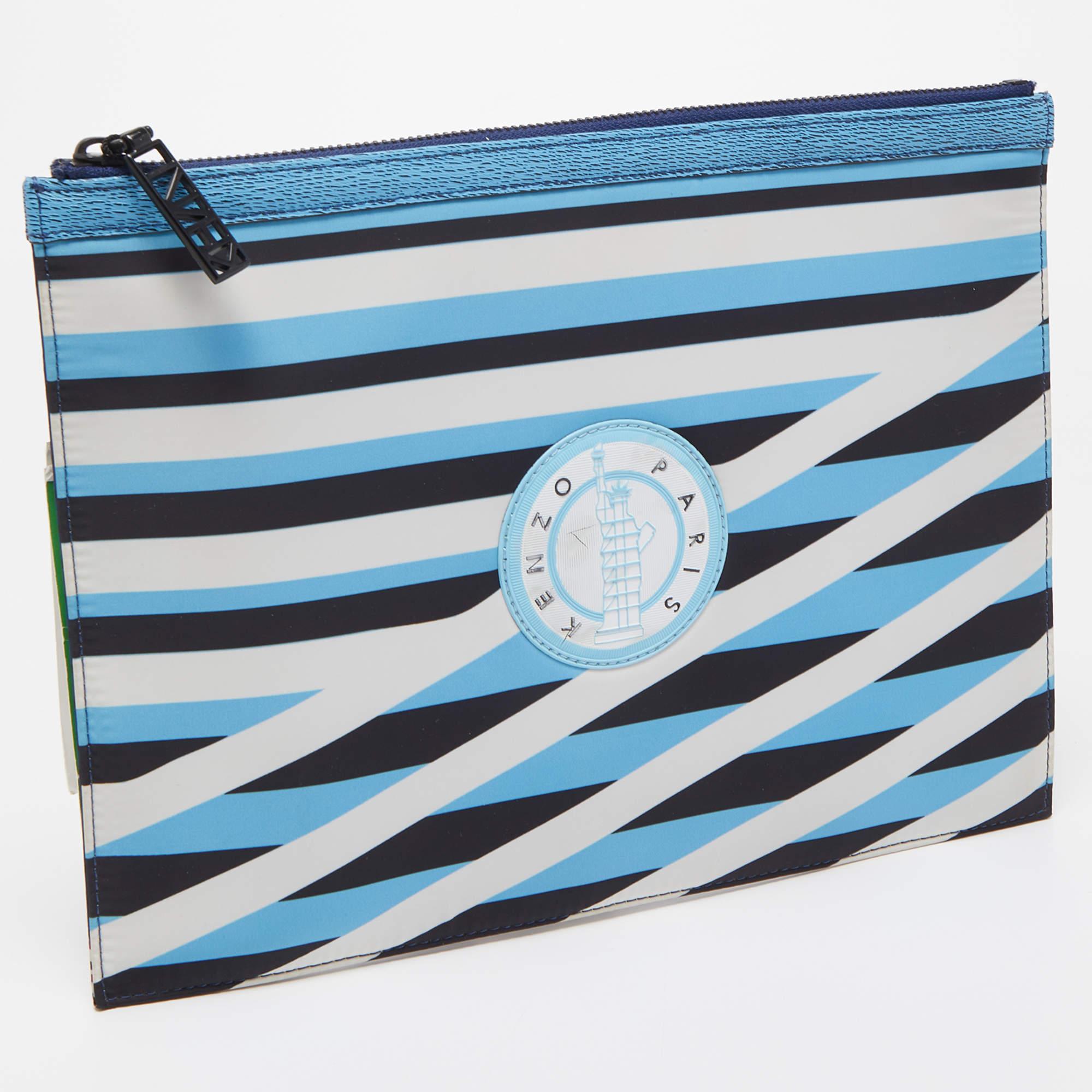 Blue Kenzo Multicolor Striped Nylon and Leather A4 Zip Pouch For Sale