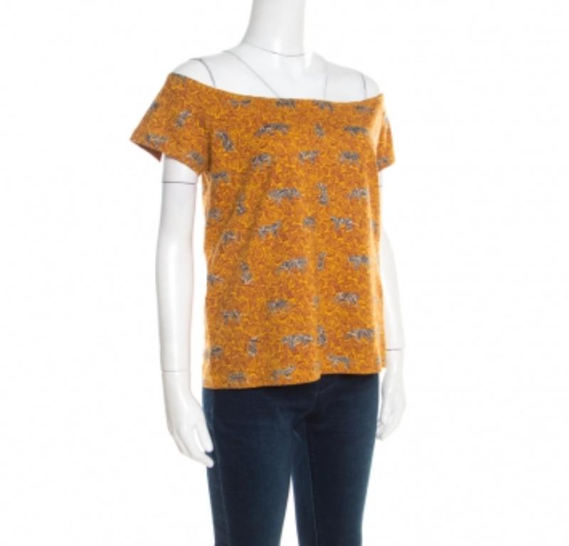 Kenzo - Top off shoulder in cotone con stampa scarabocchi senape XL in vendita 1