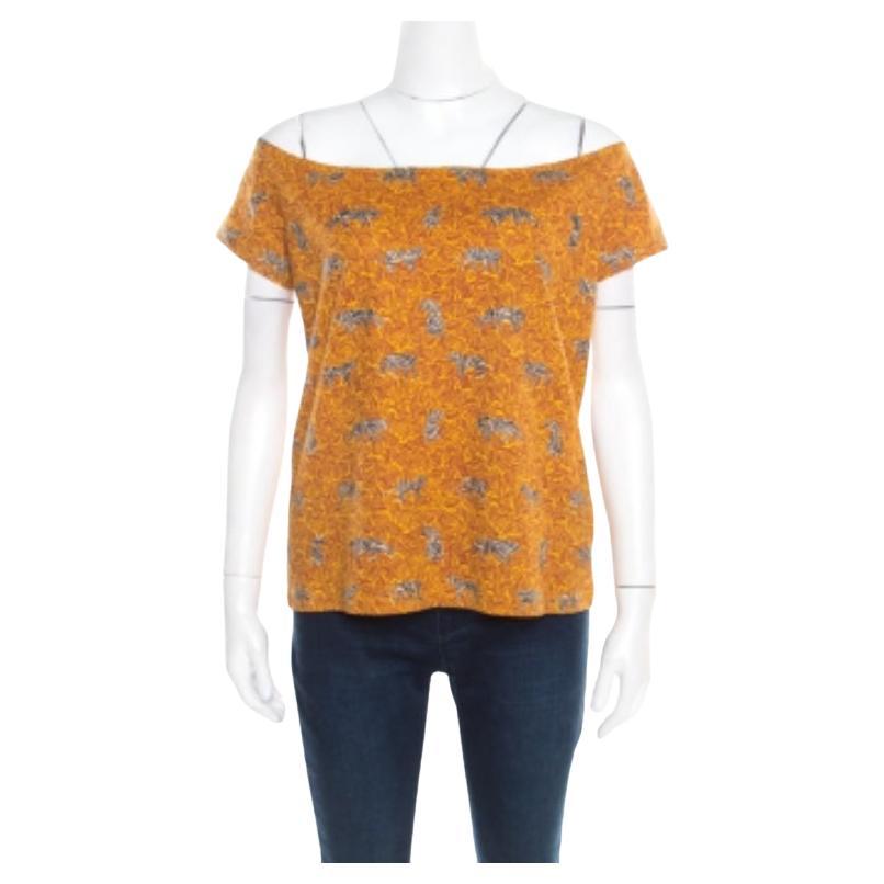 Kenzo - Top off shoulder in cotone con stampa scarabocchi senape XL in vendita