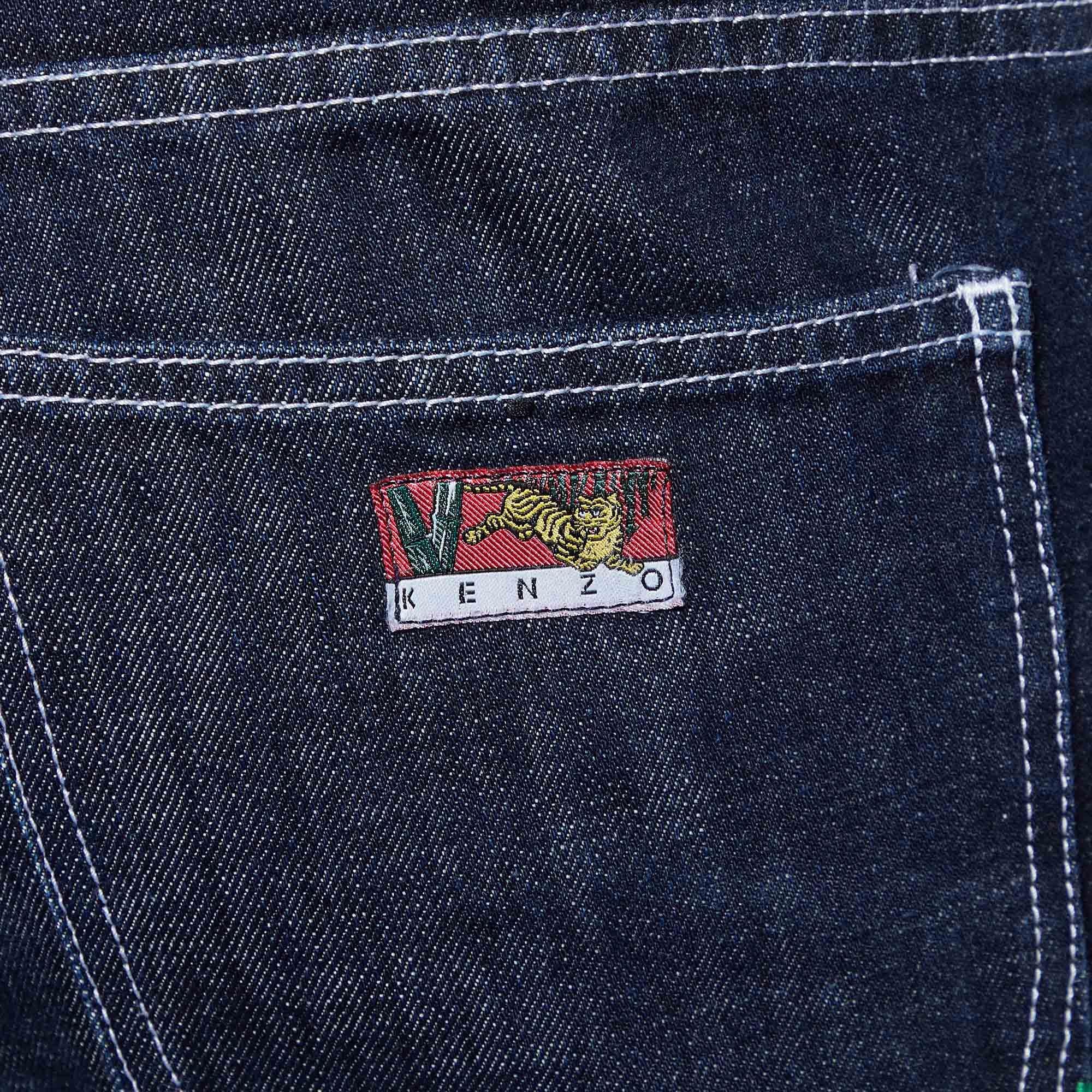 Black Kenzo Navy Blue Denim Logo Patch Pocket Jeans S For Sale