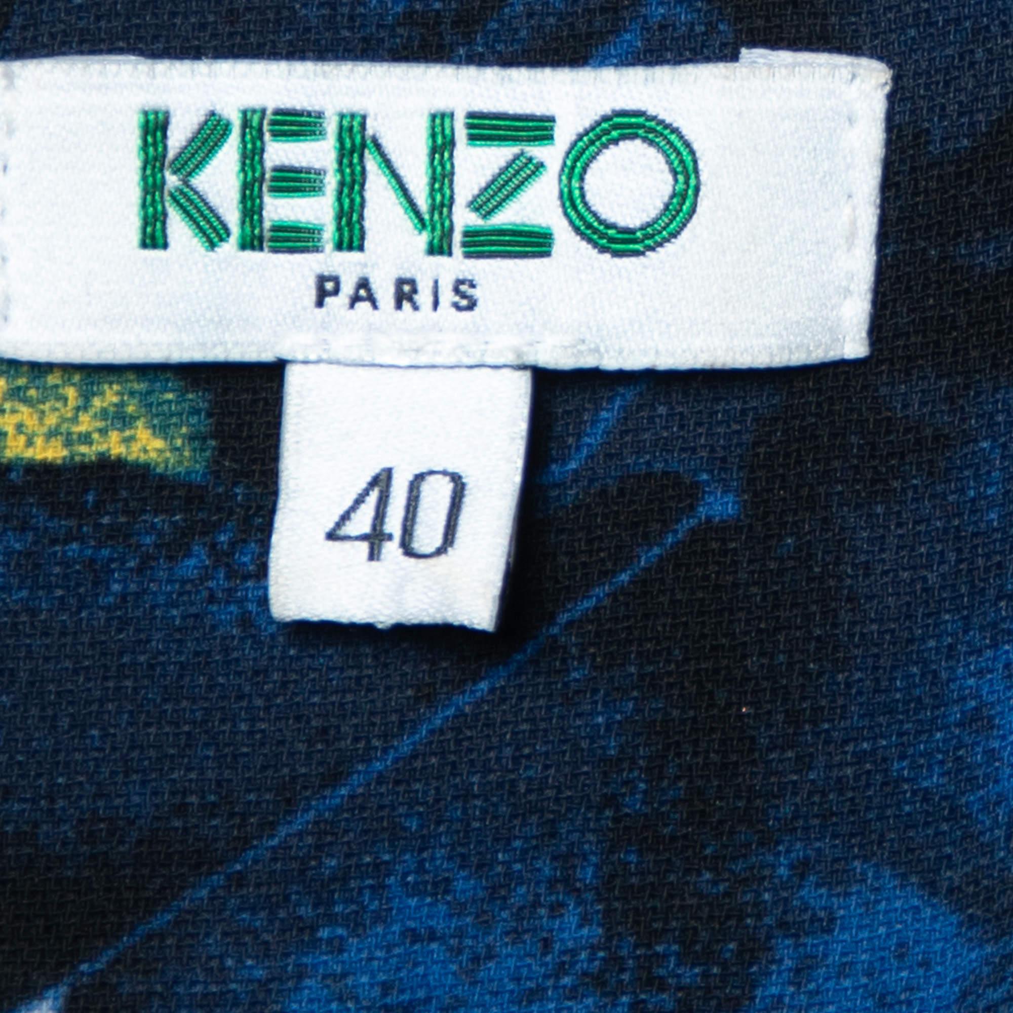 Kenzo Navy Blue Floral Print Crepe Oversized Blouse M In Good Condition For Sale In Dubai, Al Qouz 2