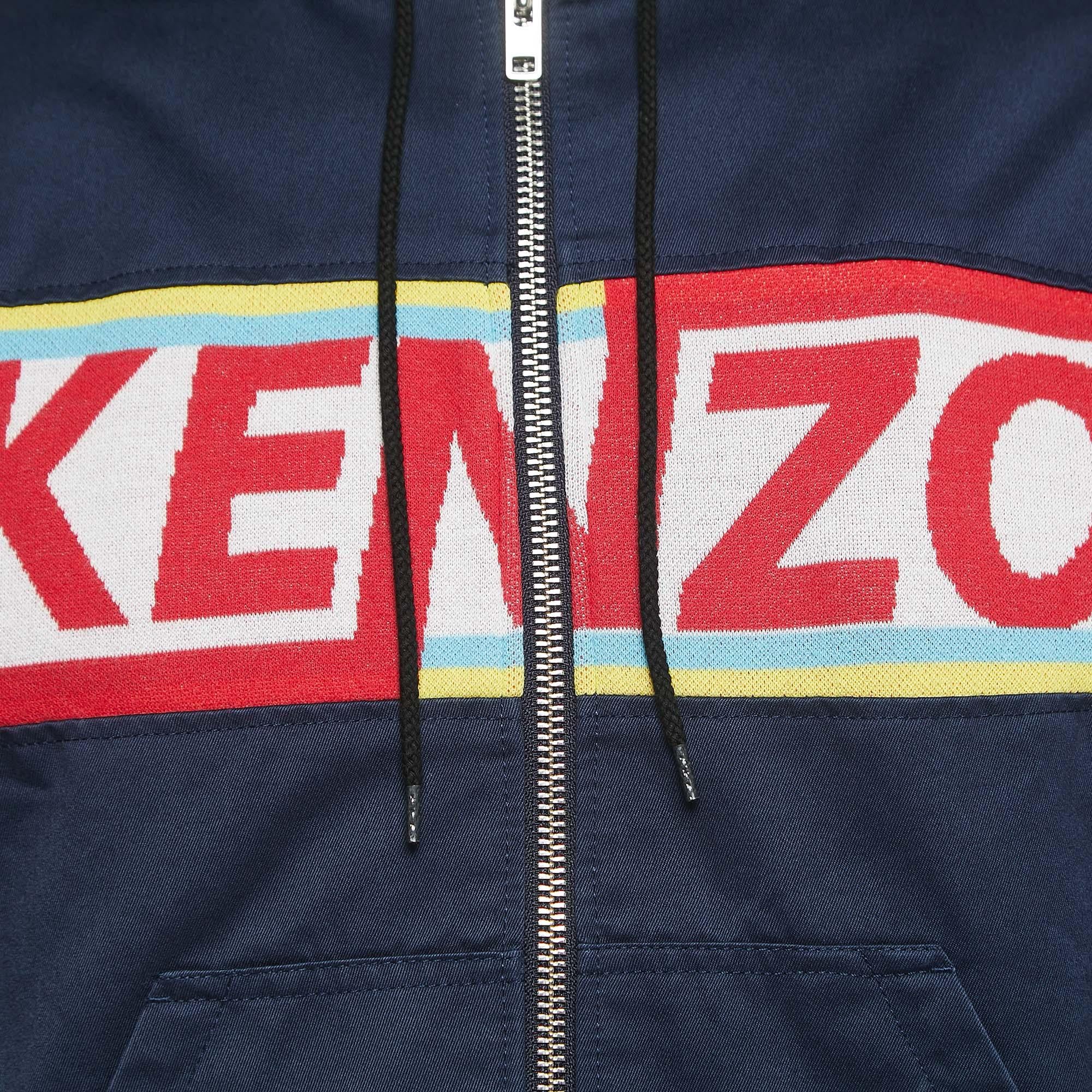 Black Kenzo Navy Blue Gabardine Logo Detailed Zip Front Hooded Jacket S For Sale