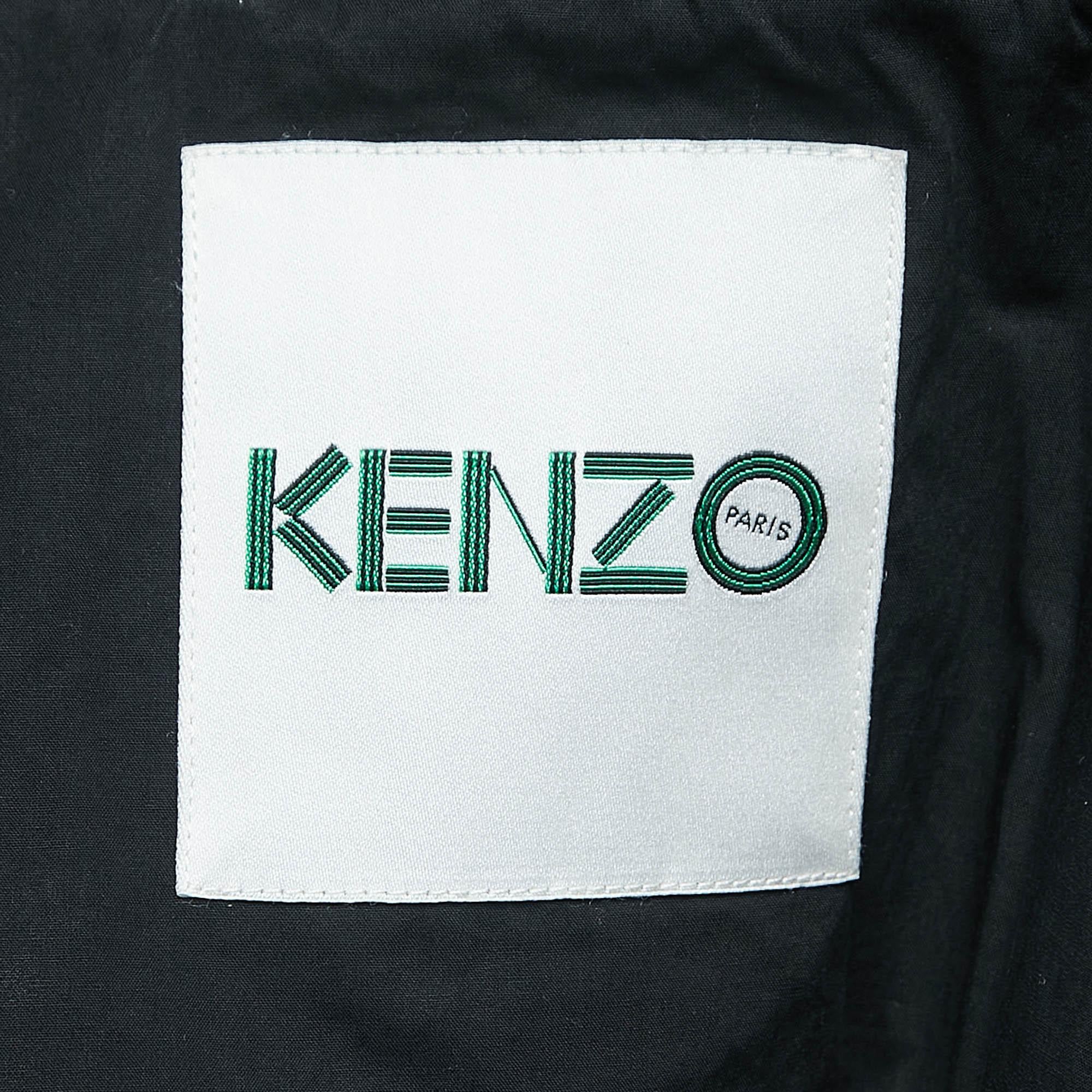 Kenzo Navy Blue Gabardine Logo Detailed Zip Front Hooded Jacket S In Good Condition For Sale In Dubai, Al Qouz 2