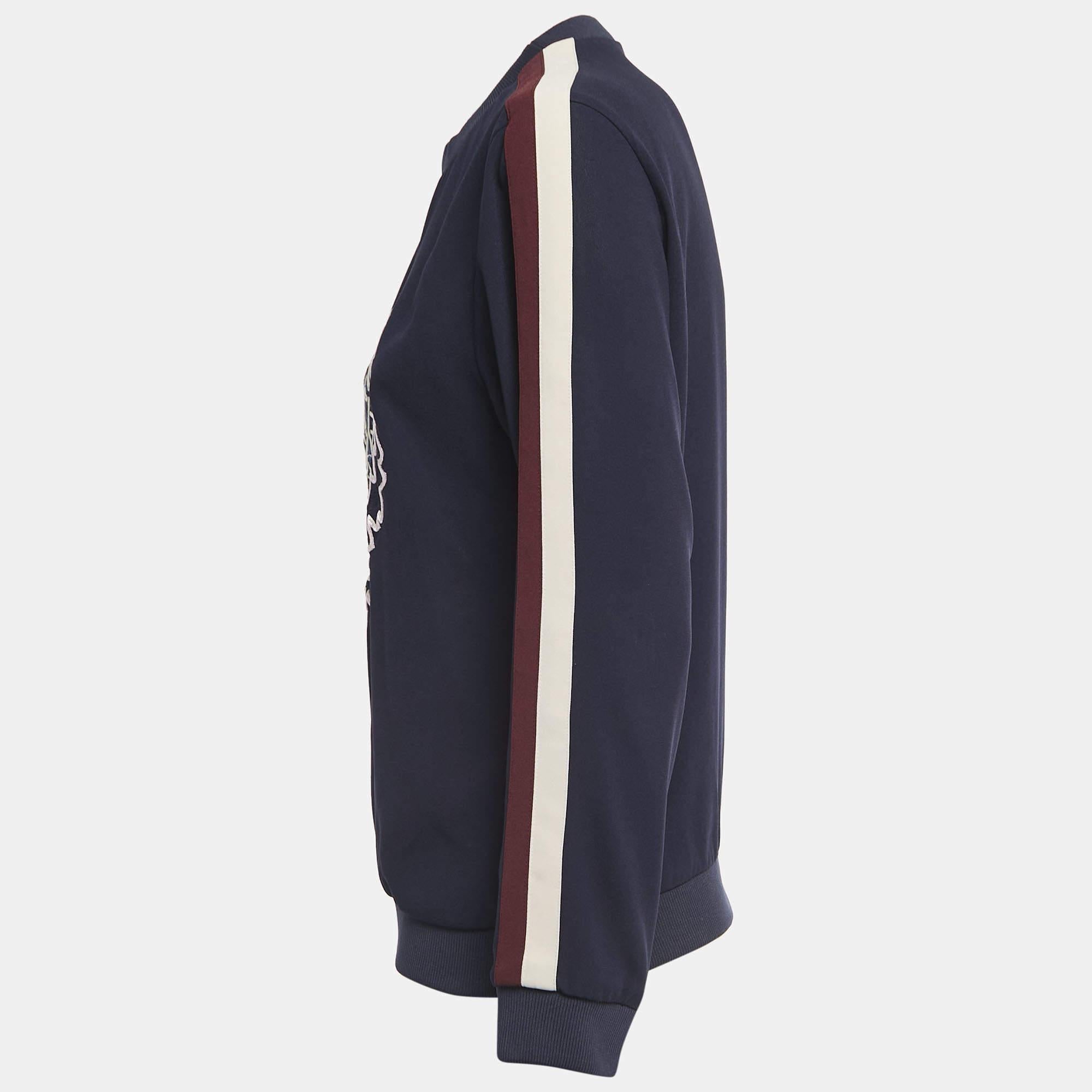 Black Kenzo Navy Blue Logo Embroidered Crepe Crew Neck Sweatshirt XS For Sale