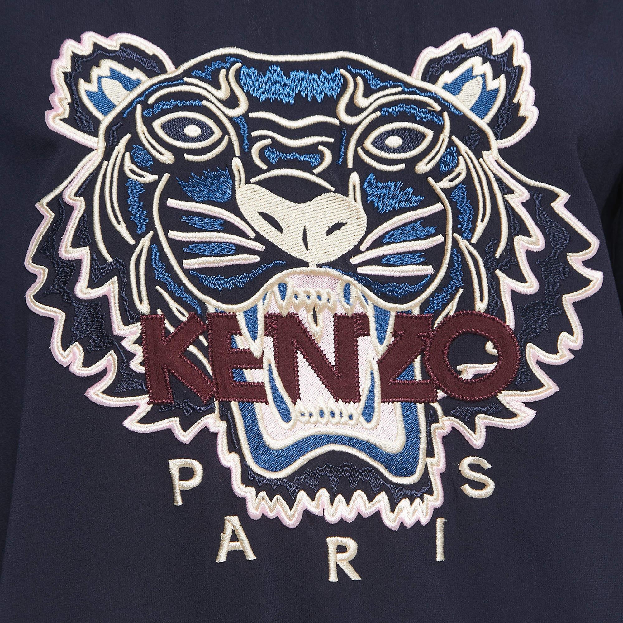Women's Kenzo Navy Blue Logo Embroidered Crepe Crew Neck Sweatshirt XS For Sale
