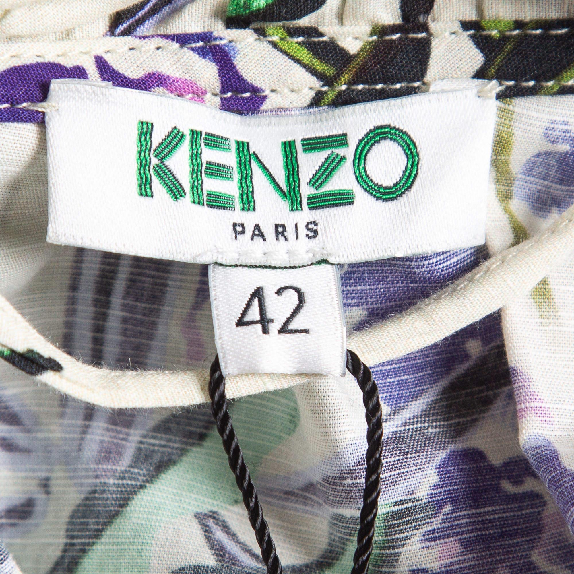 Kenzo Off White Floral Print Cotton & Linen Belted Maxi Dress L In Excellent Condition For Sale In Dubai, Al Qouz 2