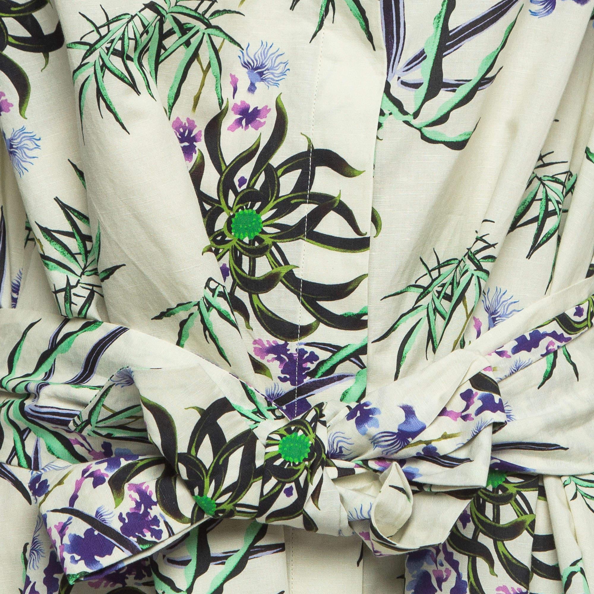 Kenzo Off White Floral Print Cotton & Linen Belted Maxi Dress L In New Condition For Sale In Dubai, Al Qouz 2