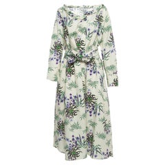 Kenzo Off White Floral Print Cotton & Linen Belted Maxi Dress L