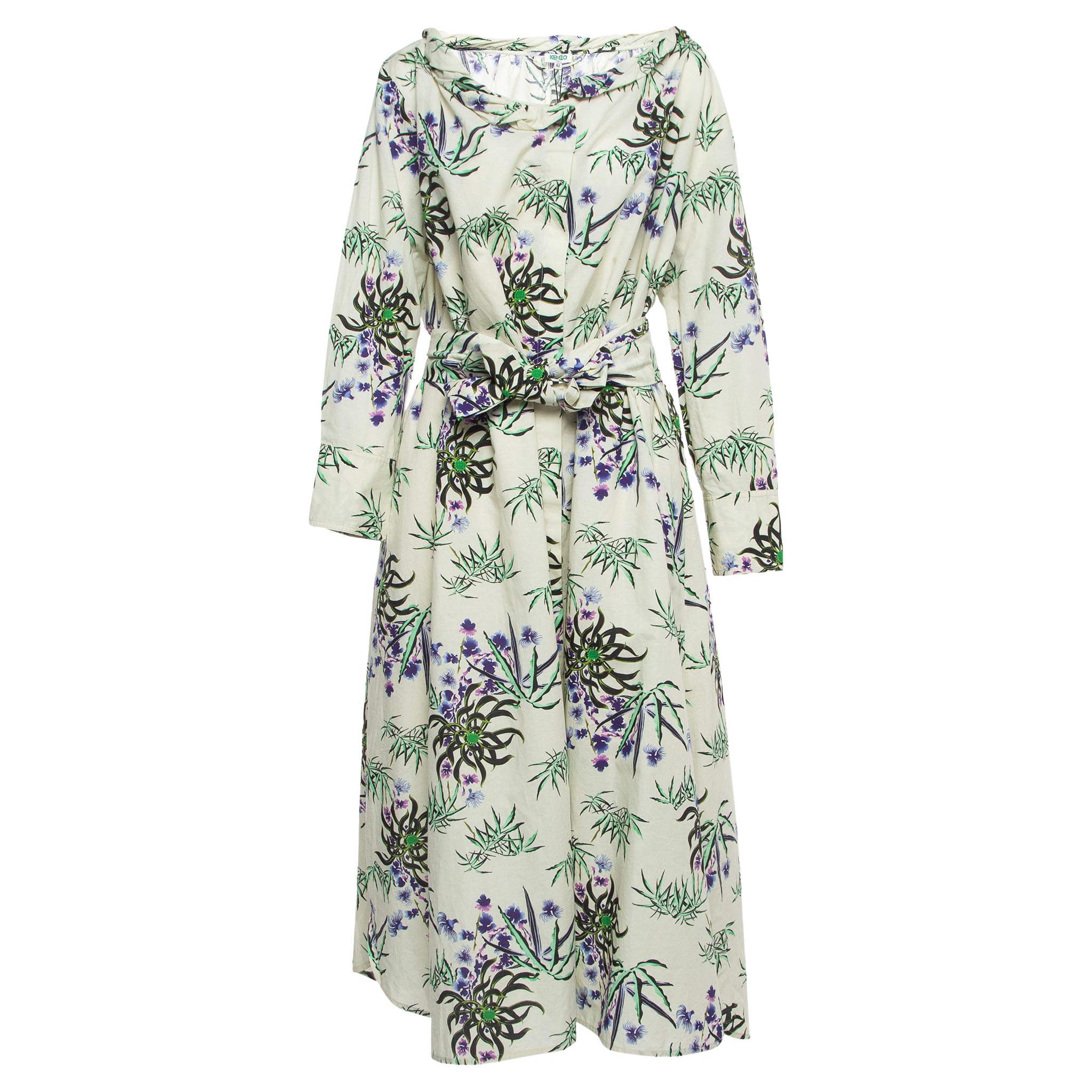 Kenzo Off White Floral Print Cotton & Linen Belted Maxi Dress L For Sale