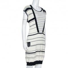 Kenzo Off White & Navy Striped Cotton Knit Sweater Dress L
