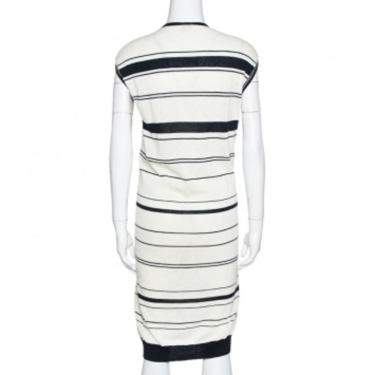 Gray Kenzo Off White & Navy Striped Cotton Knit Sweater Dress L For Sale