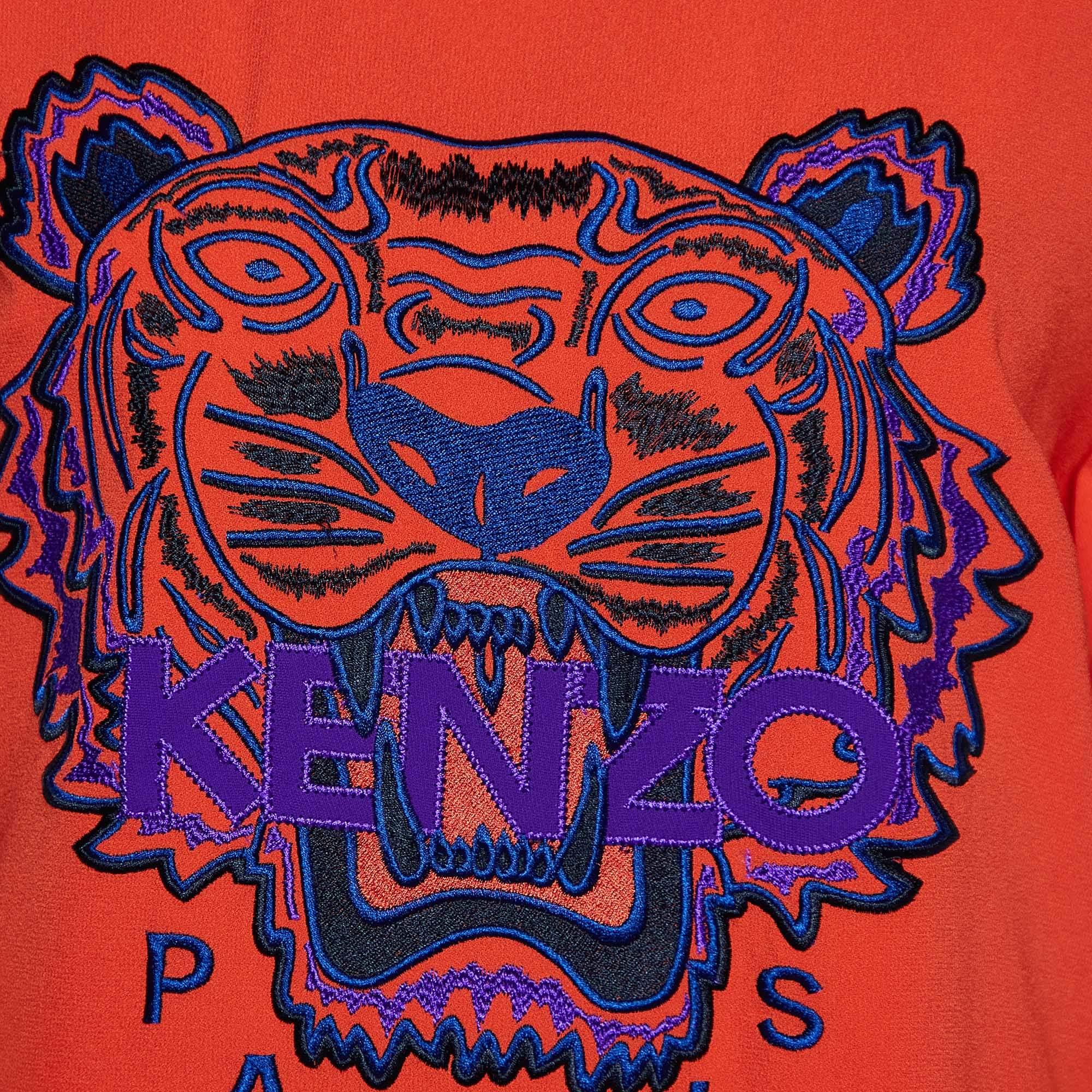 Kenzo Orange Crepe Tiger-Motiv besticktes Etuikleid XS (Rot) im Angebot