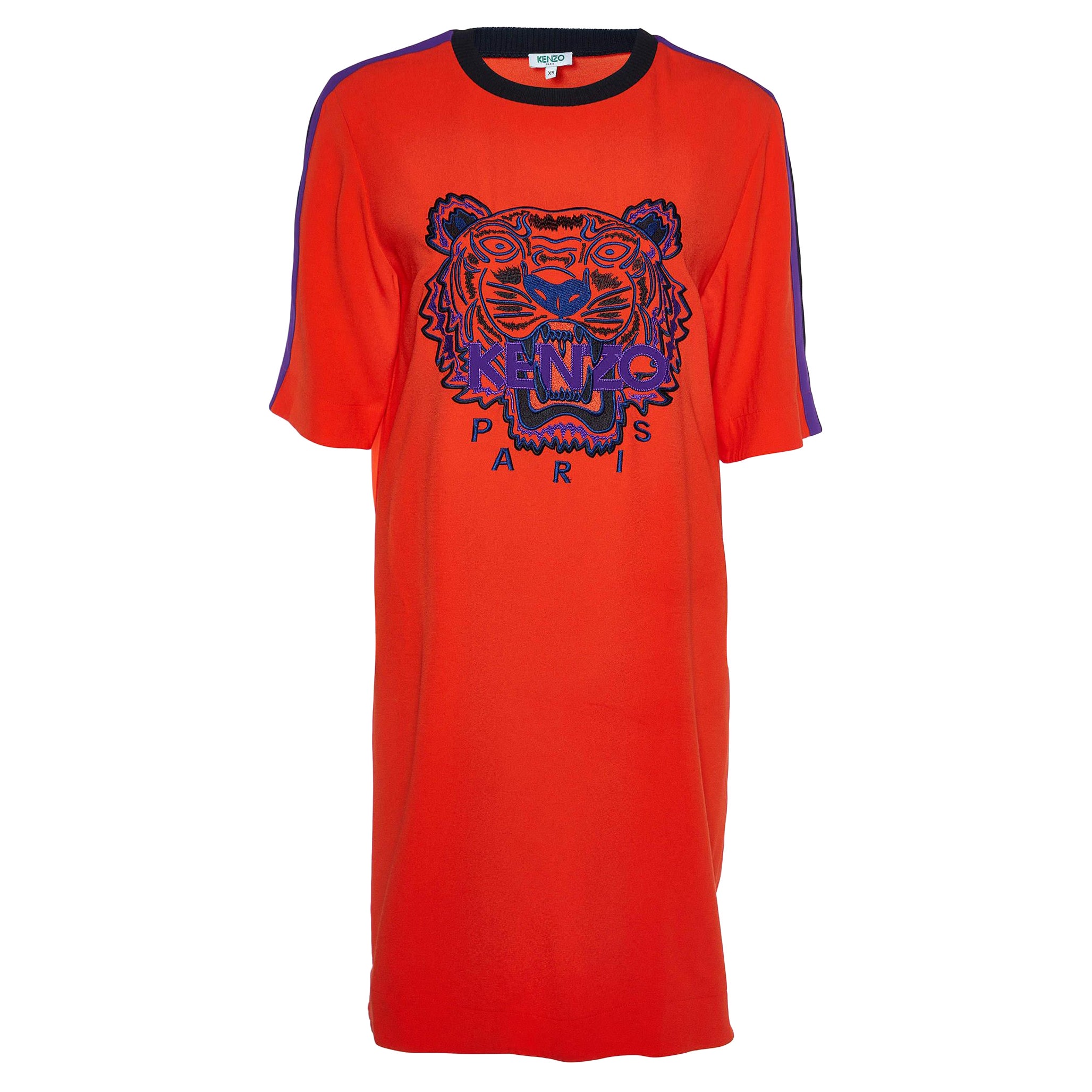 Kenzo Orange Crepe Tiger-Motiv besticktes Etuikleid XS im Angebot