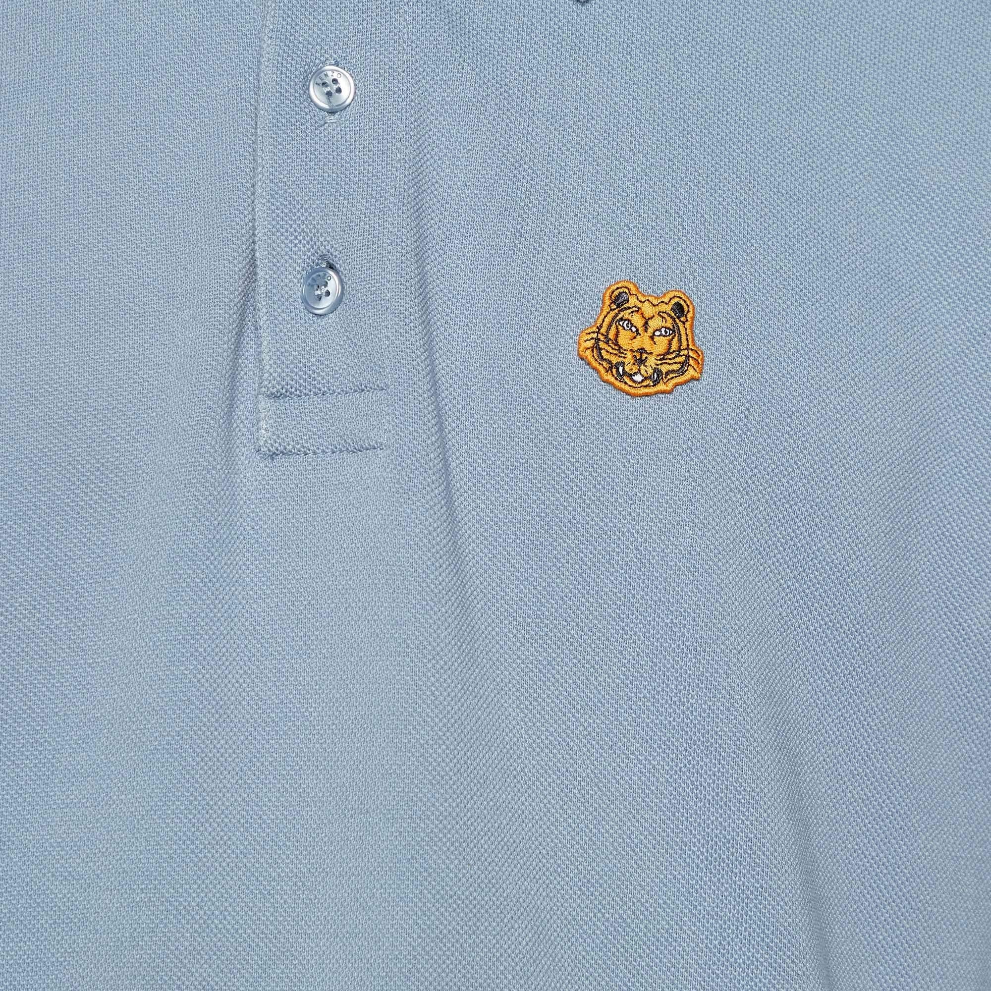 Kenzo Pale Blue Cotton Tiger Detail Polo T-Shirt XXXL In Good Condition For Sale In Dubai, Al Qouz 2