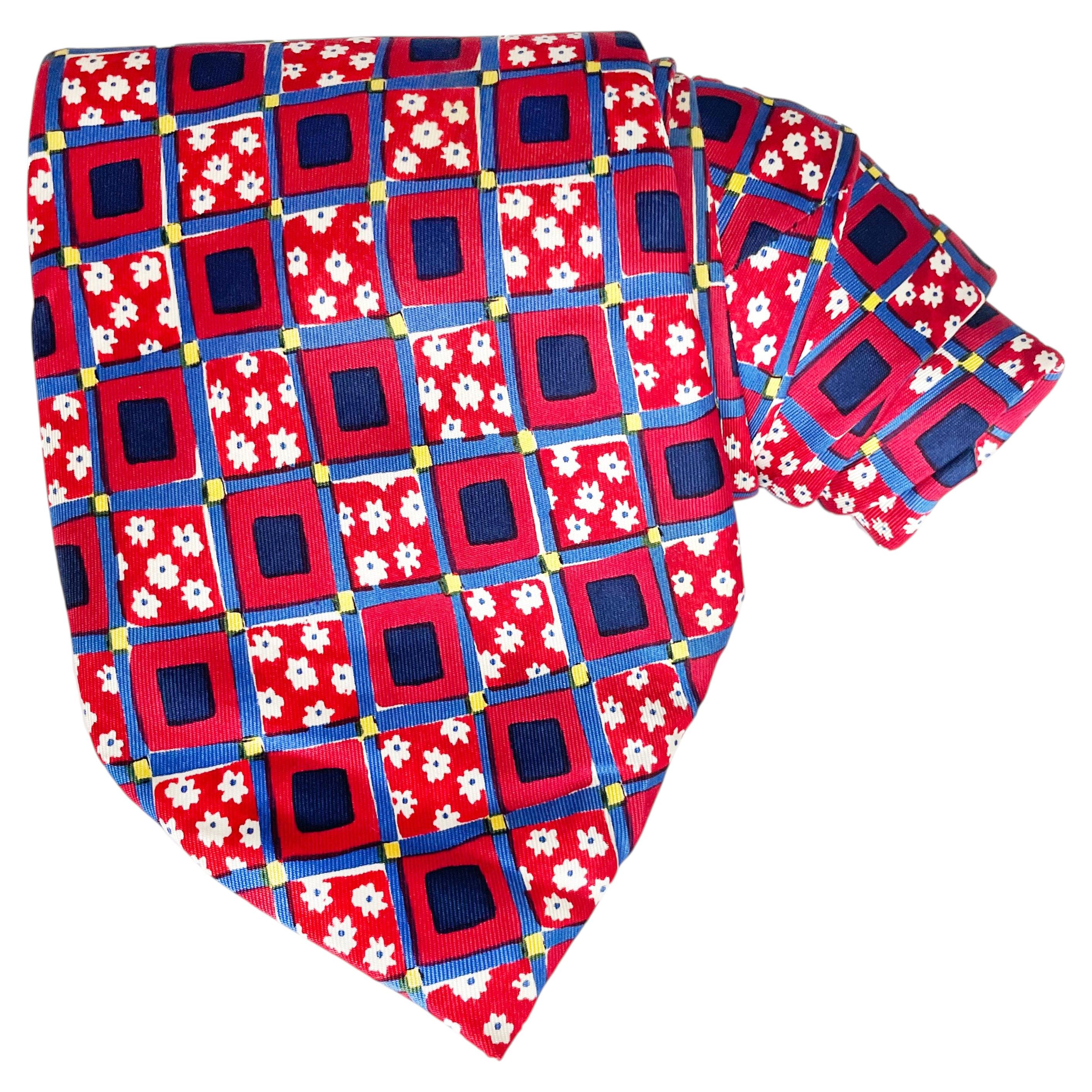 KENZO Paris Abstract Floral Geometric Silk Neck Tie Italy 2000s For Sale