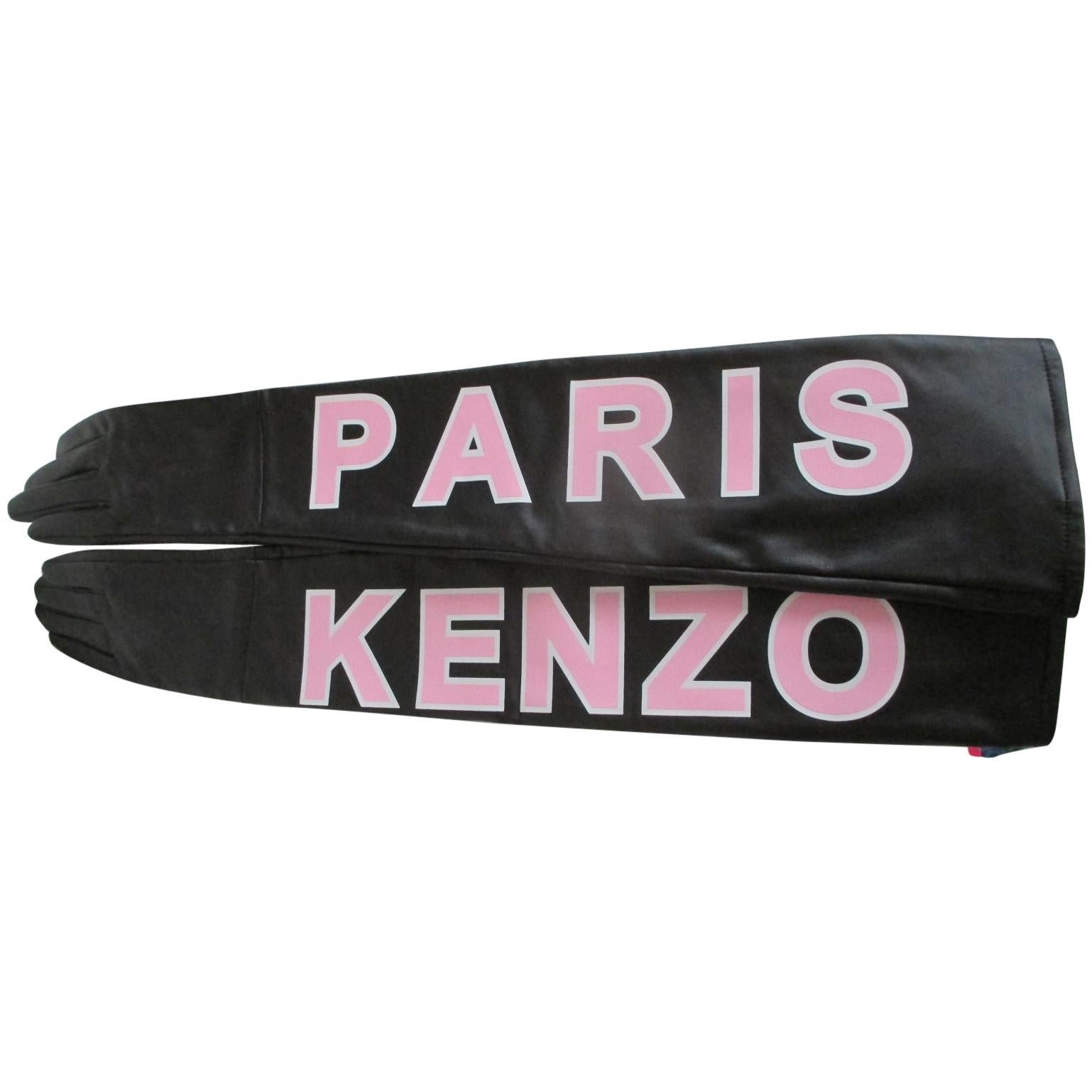 KENZO PARIS Black/Pink Leather Long Gloves size M