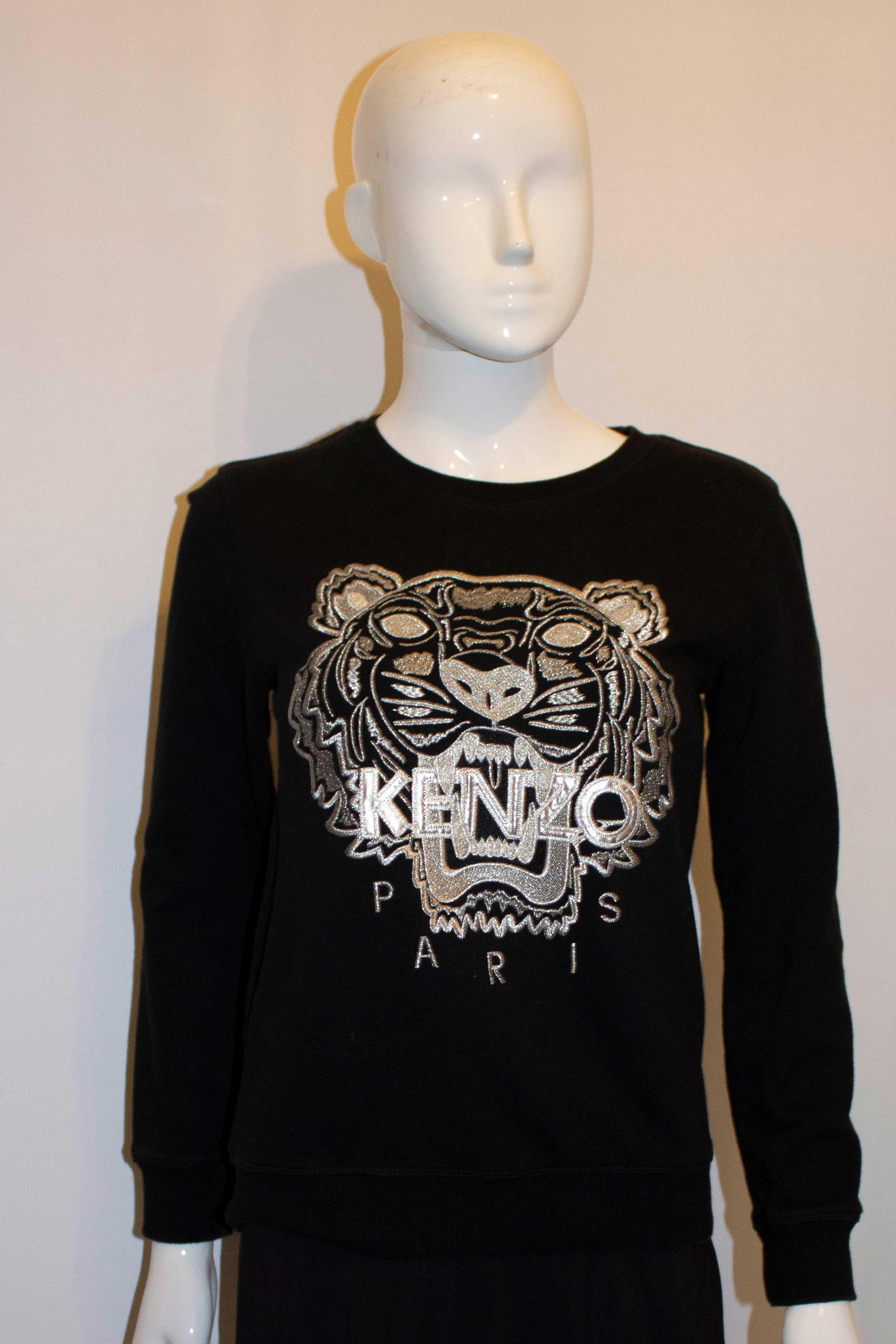 Kenzo Paris Black Sweatshirt with Silver Embroidery In Excellent Condition For Sale In London, GB