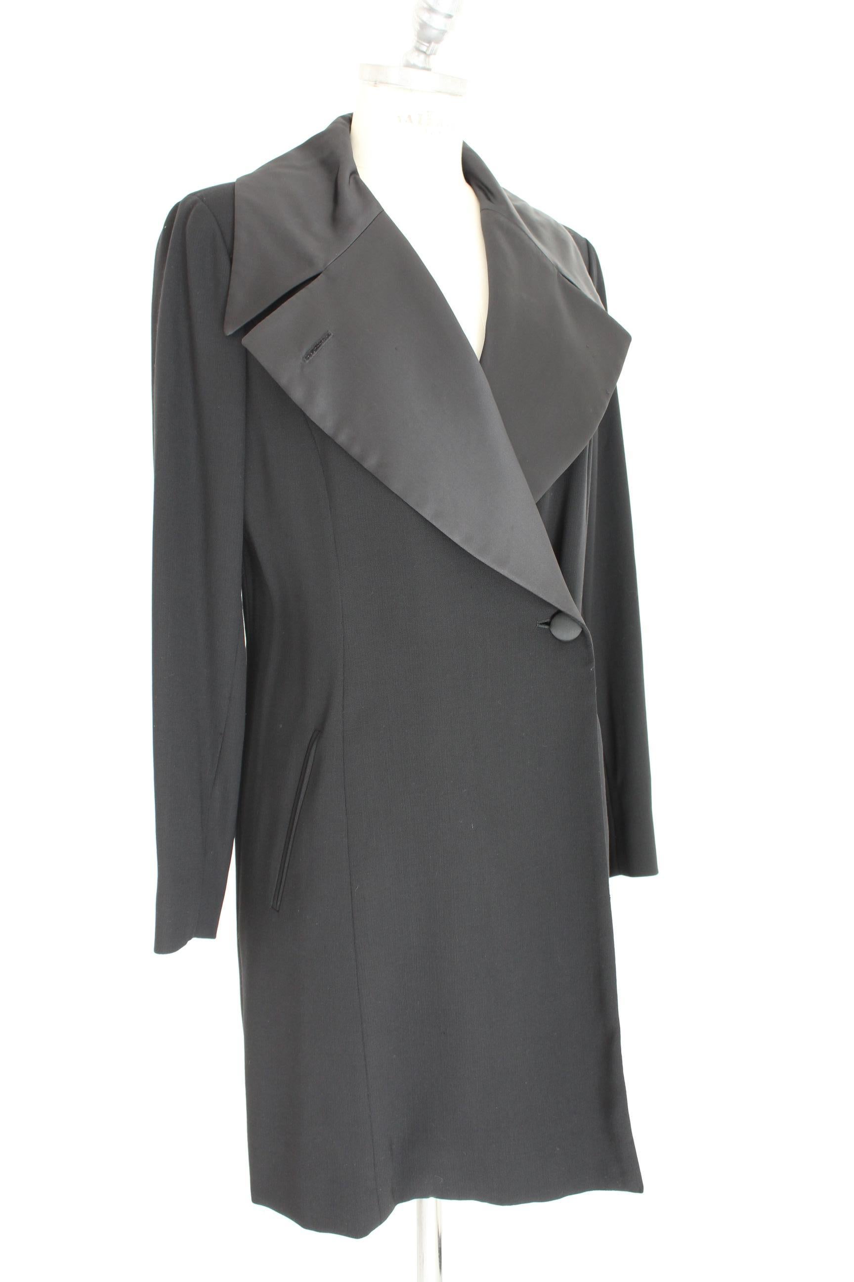 Women's Kenzo Paris Black Wool Long Jacket Coat 1990s Shinny Lapel One Button