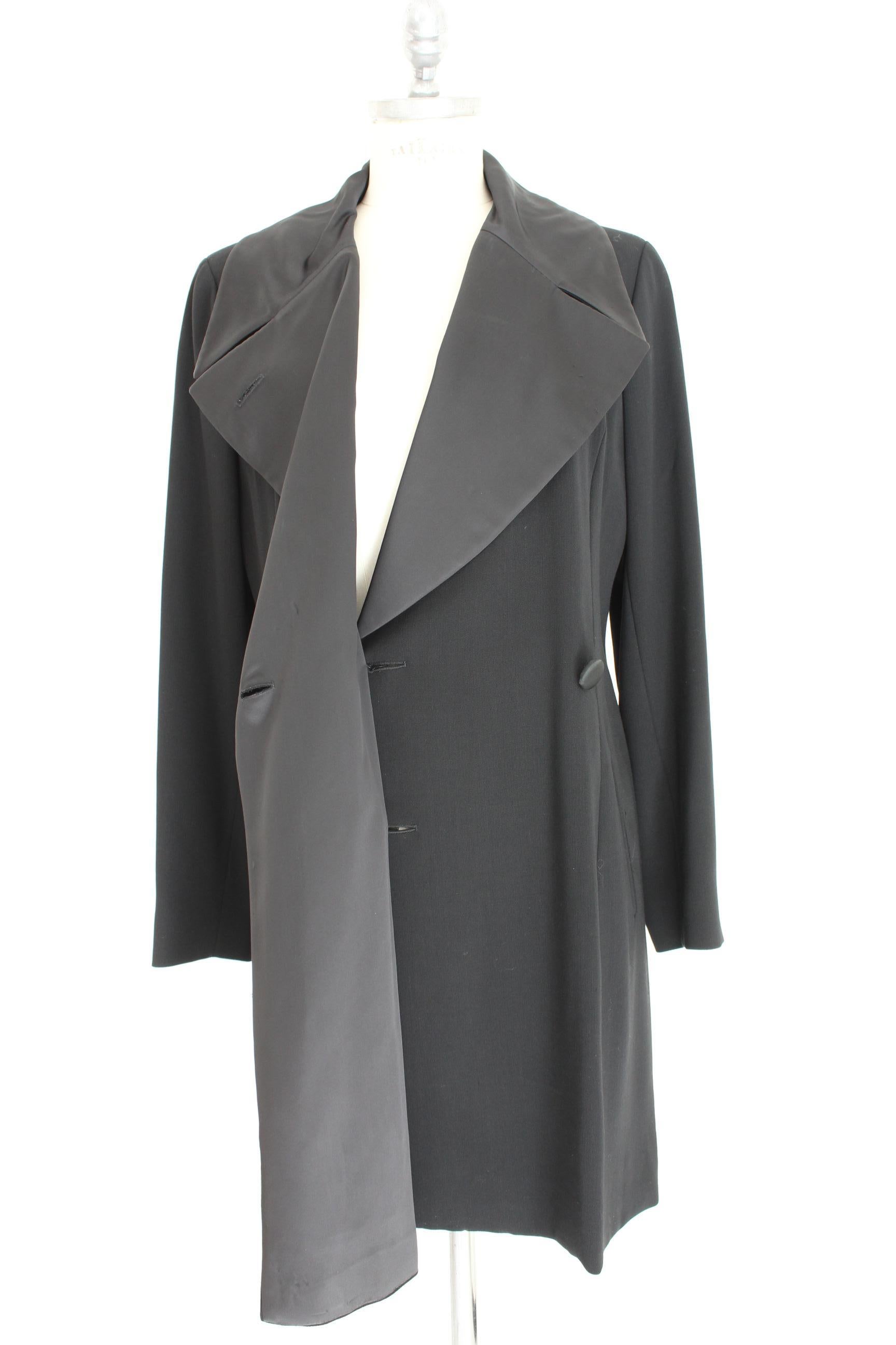Kenzo Paris Black Wool Long Jacket Coat 1990s Shinny Lapel One Button 1