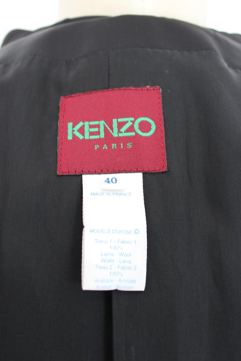 Kenzo Paris Black Wool Long Jacket Coat 1990s Shinny Lapel One Button ...