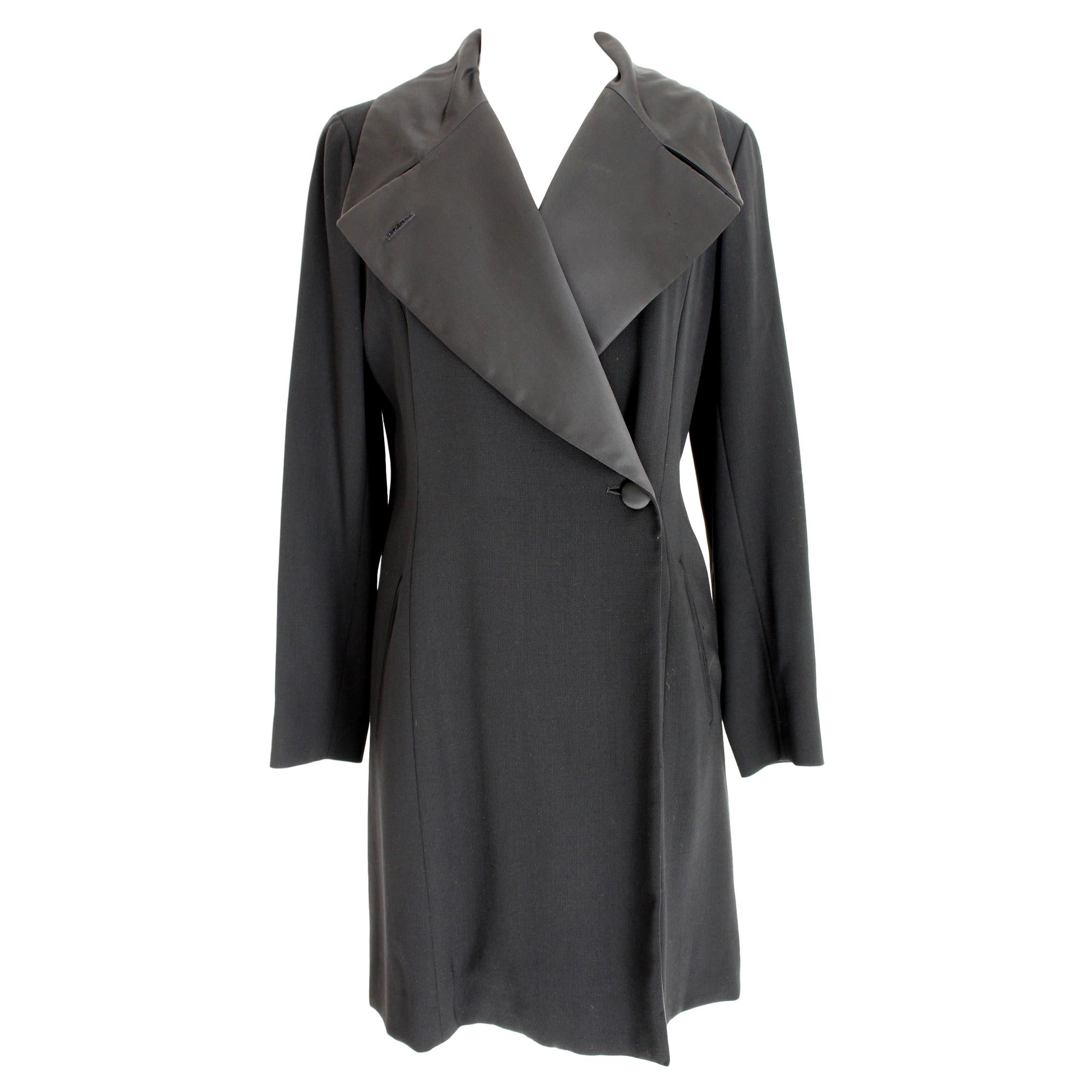 Kenzo Paris Black Wool Long Jacket Coat 1990s Shinny Lapel One Button