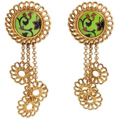 Kenzo Paris Floral Dangle Ceramic Clip Earrings