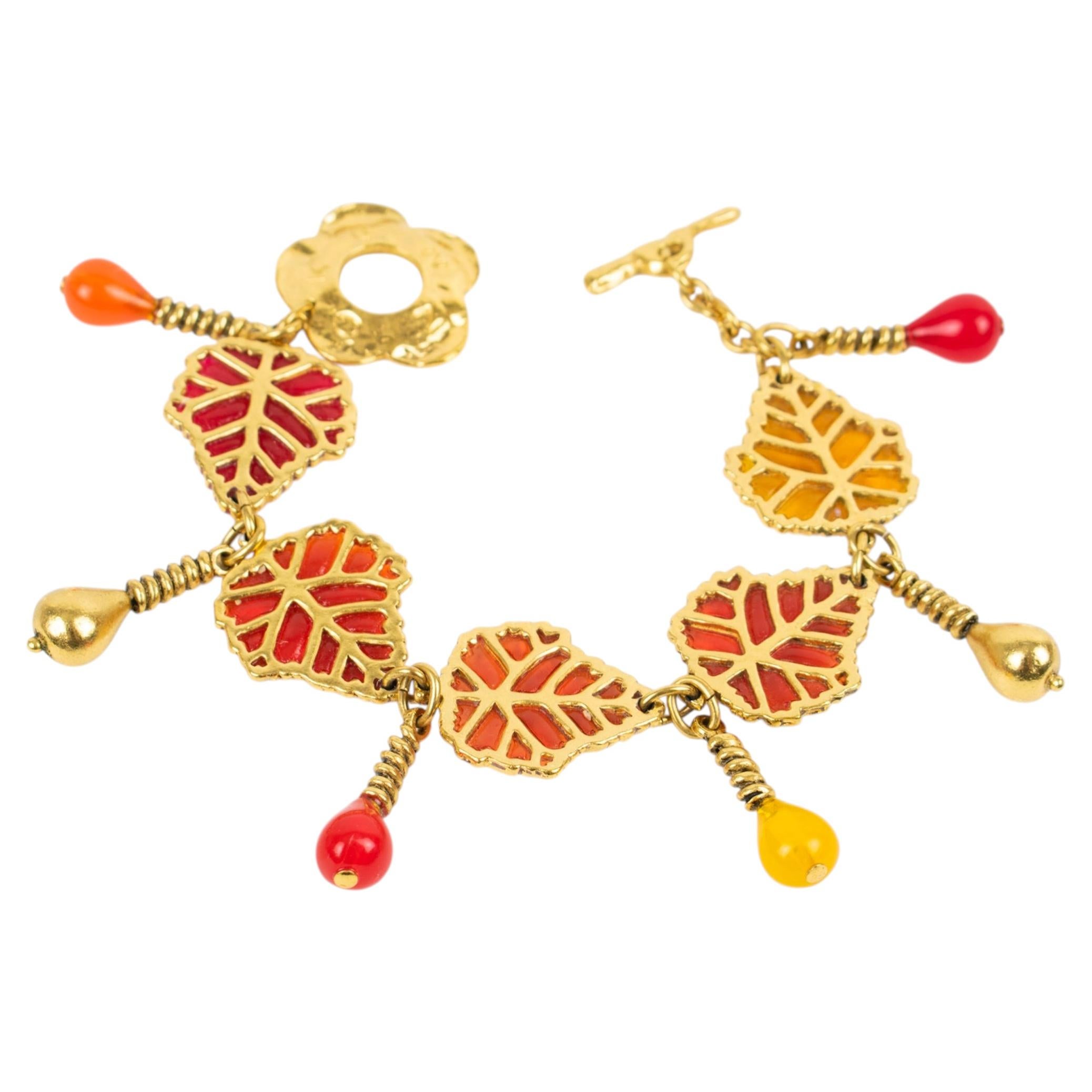 Kenzo Paris Gilded Metal and Multicolor Resin Leaves Bracelet For Sale