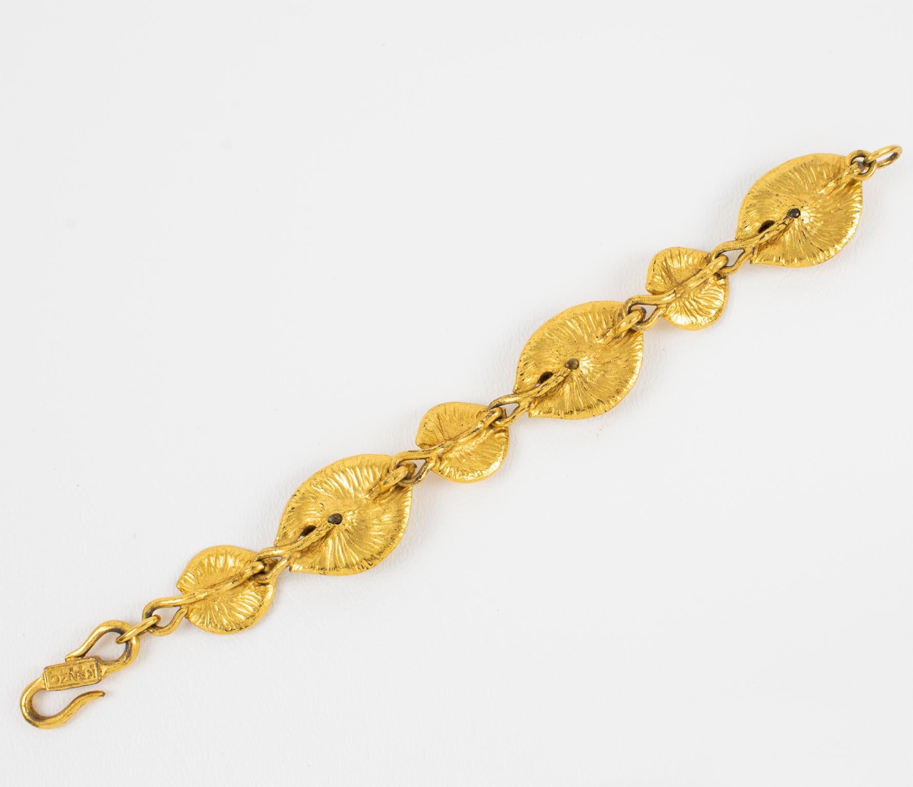 Kenzo Paris Gilt Metal and Bronze Water Lily Flowers and Leaves Link Bracelet In Good Condition For Sale In Atlanta, GA