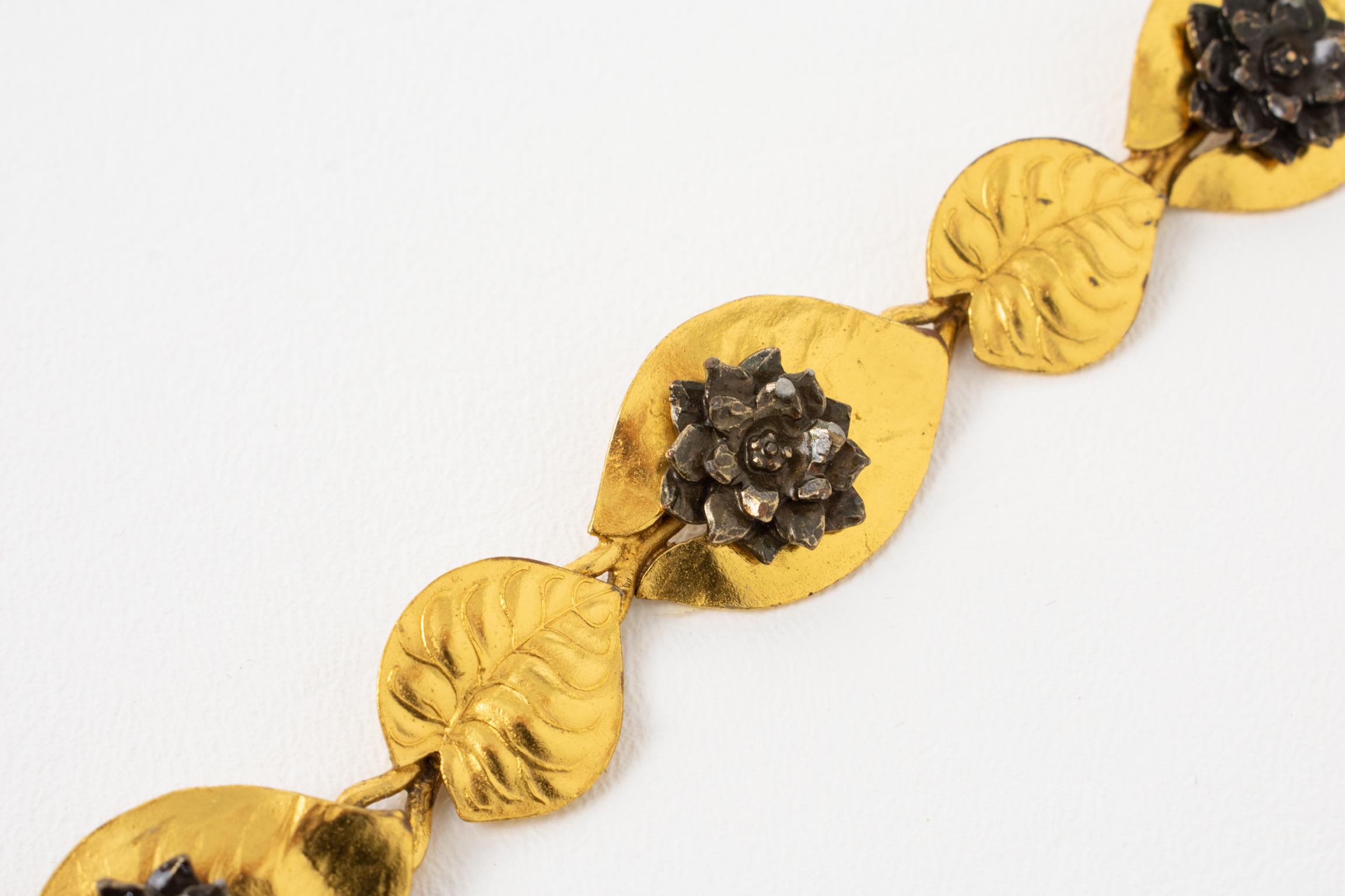 Kenzo Paris Gilt Metal and Bronze Water Lily Flowers and Leaves Link Bracelet For Sale 2