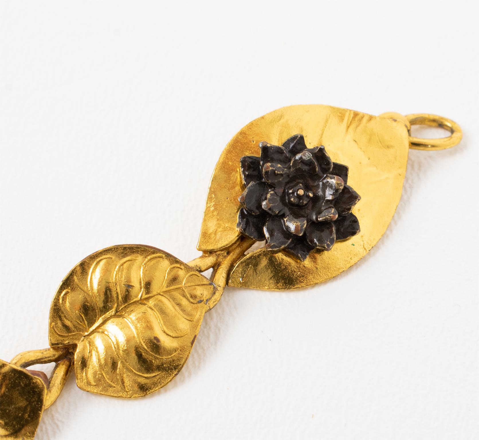 Kenzo Paris Gilt Metal and Bronze Water Lily Flowers and Leaves Link Bracelet For Sale 3