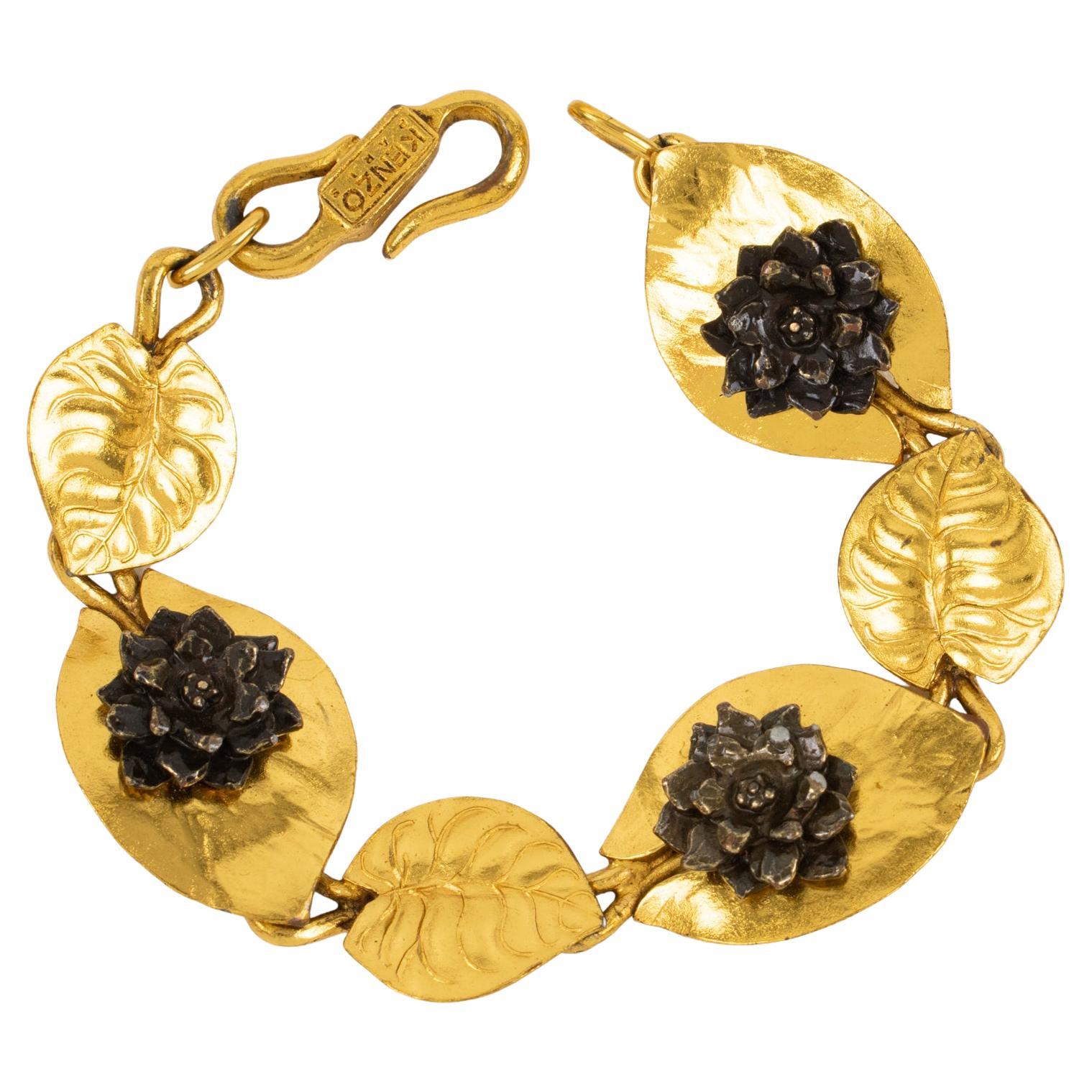 Kenzo Paris Gilt Metal and Bronze Water Lily Flowers and Leaves Link Bracelet For Sale