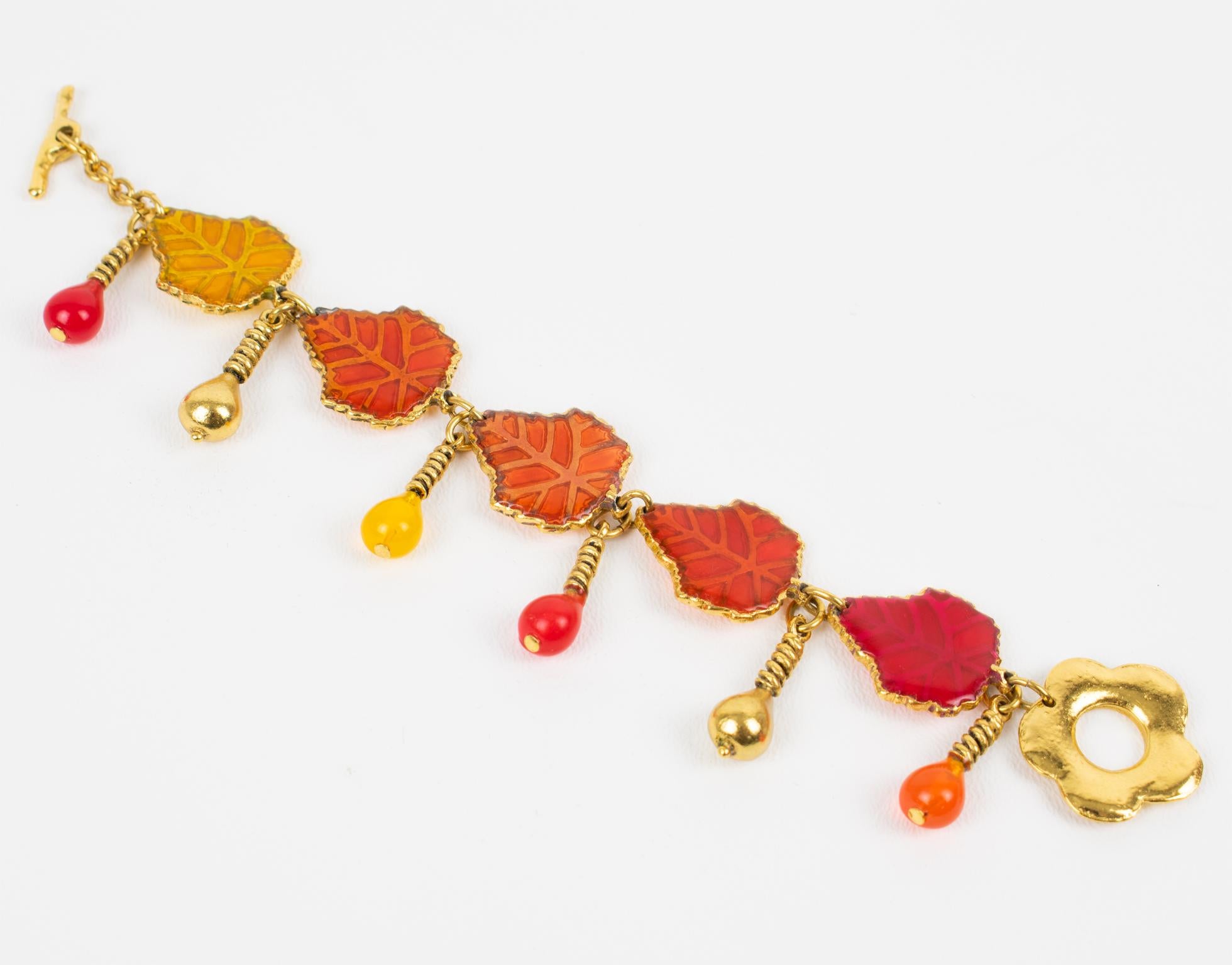 Romantic Kenzo Paris Gilt Metal and Multicolor Resin Leaves Bracelet, circa 1980 For Sale