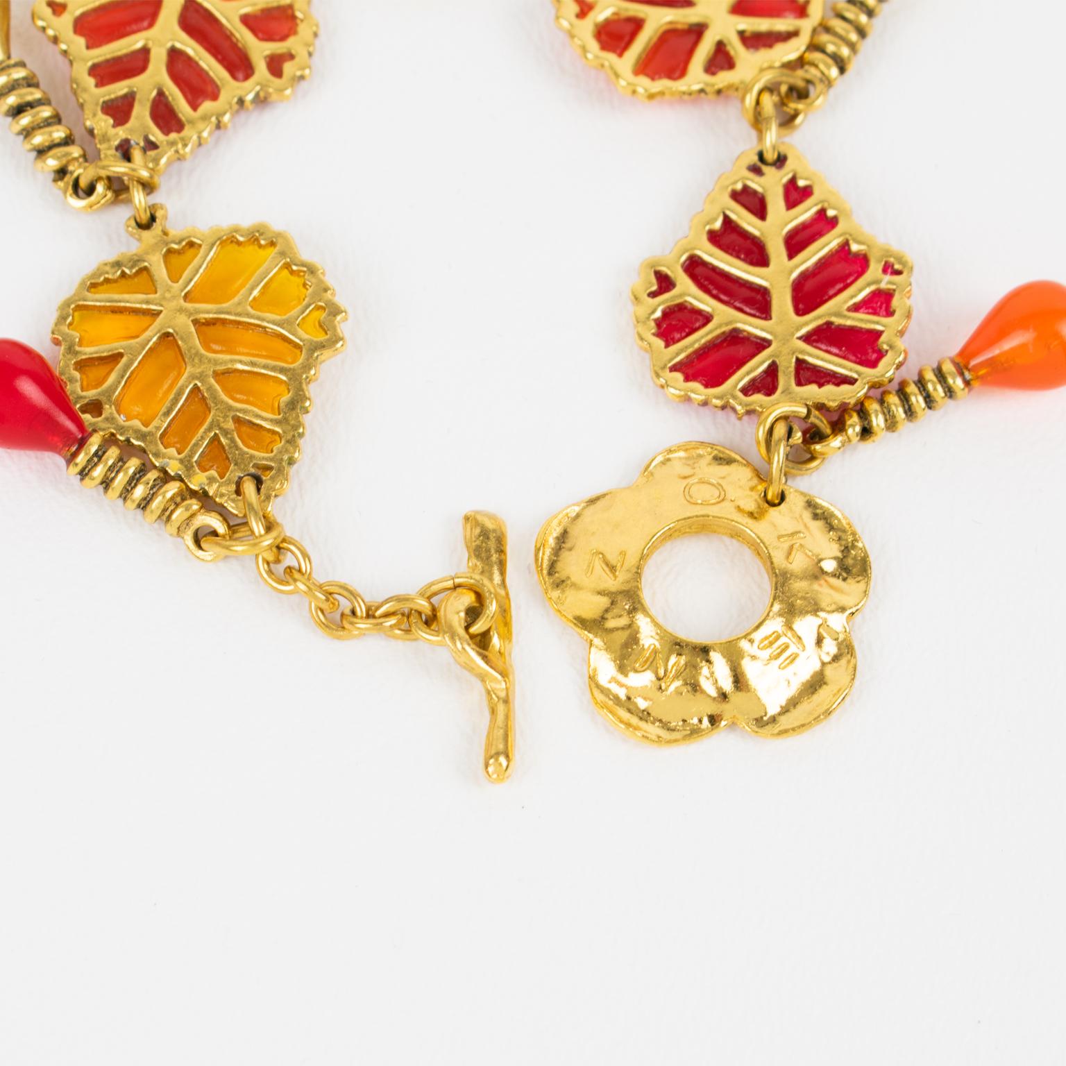 Kenzo Paris Gilt Metal and Multicolor Resin Leaves Bracelet, circa 1980 In Excellent Condition For Sale In Atlanta, GA