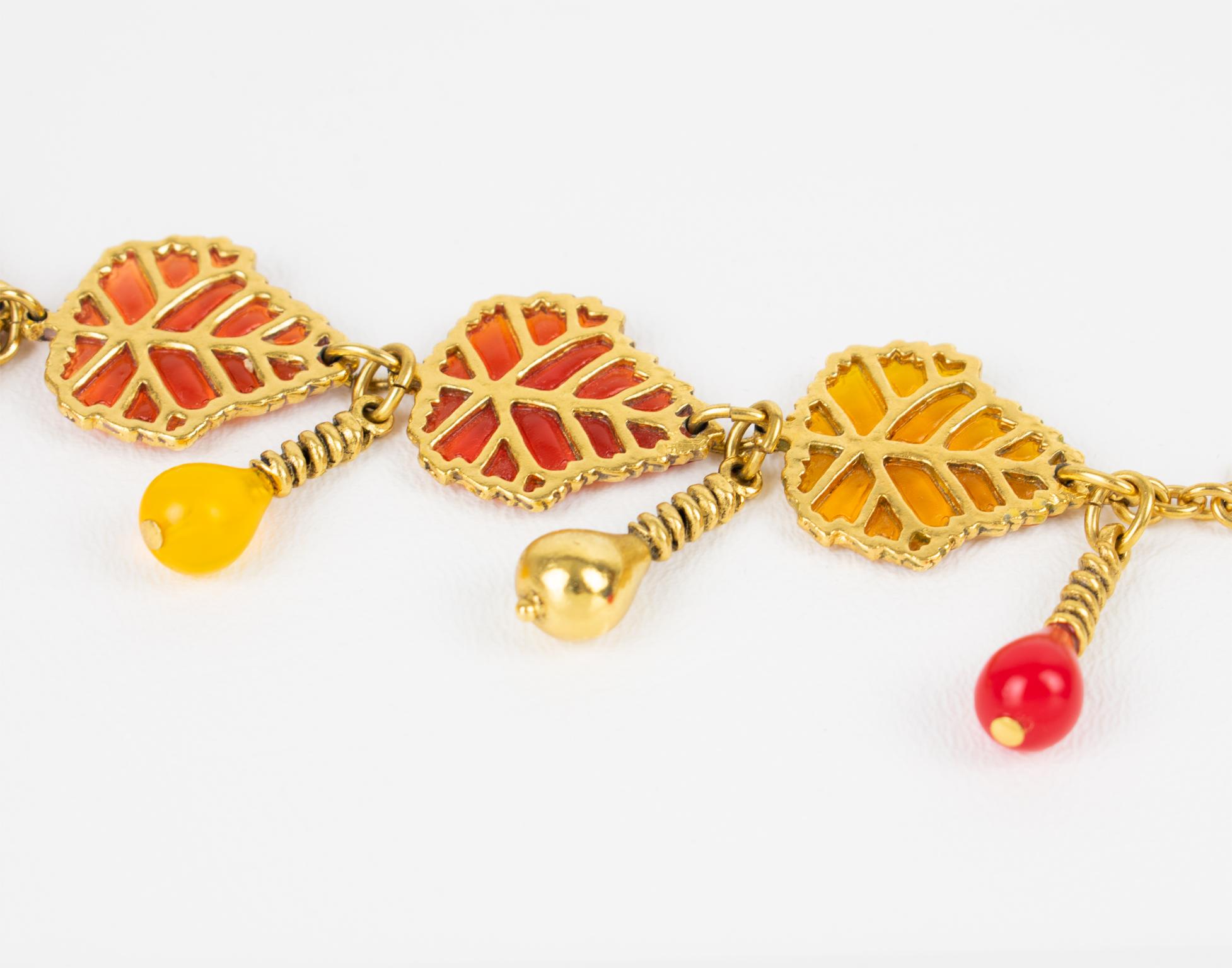 Women's or Men's Kenzo Paris Gilt Metal and Multicolor Resin Leaves Bracelet, circa 1980 For Sale