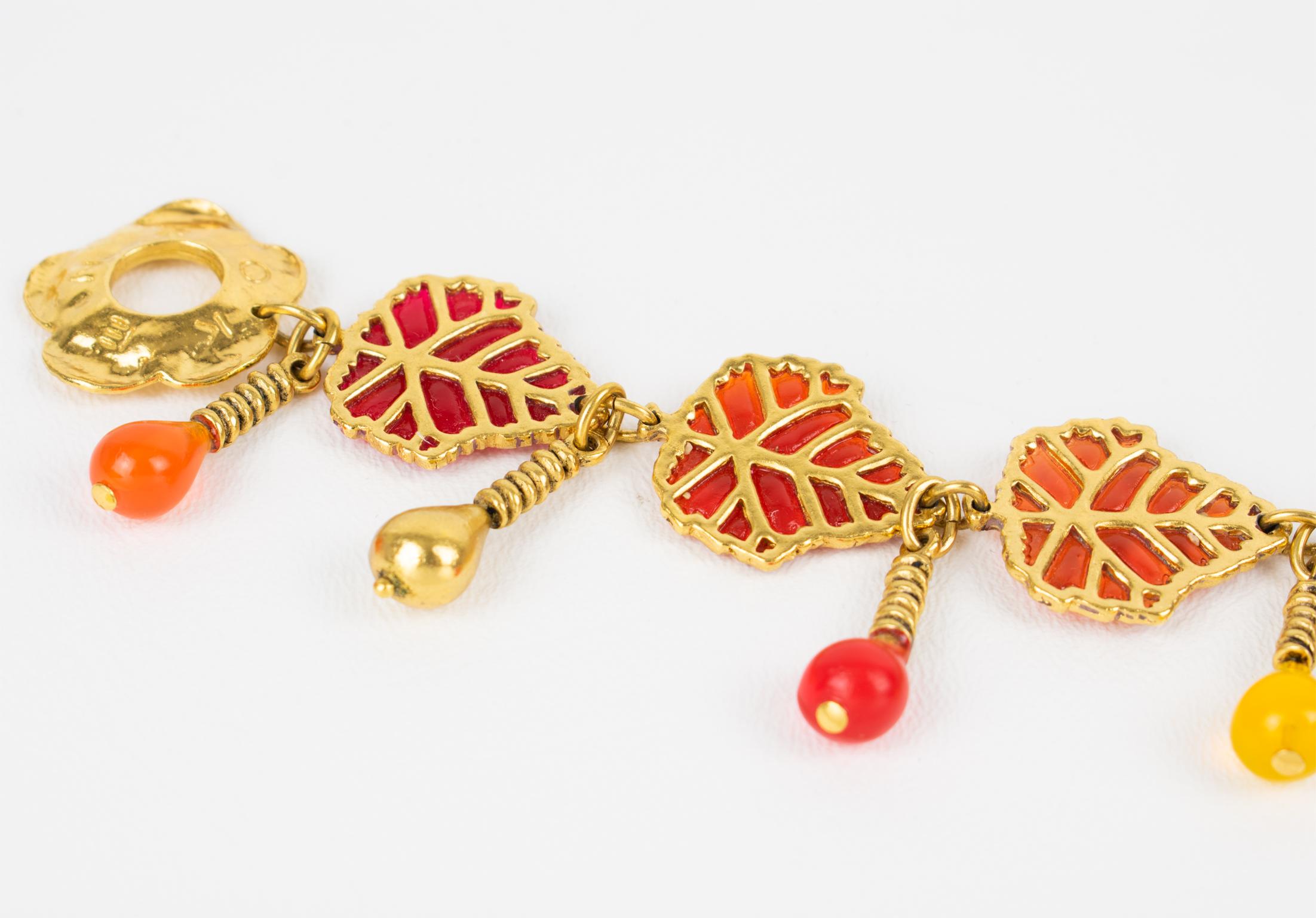 Kenzo Paris Gilt Metal and Multicolor Resin Leaves Bracelet, circa 1980 For Sale 1