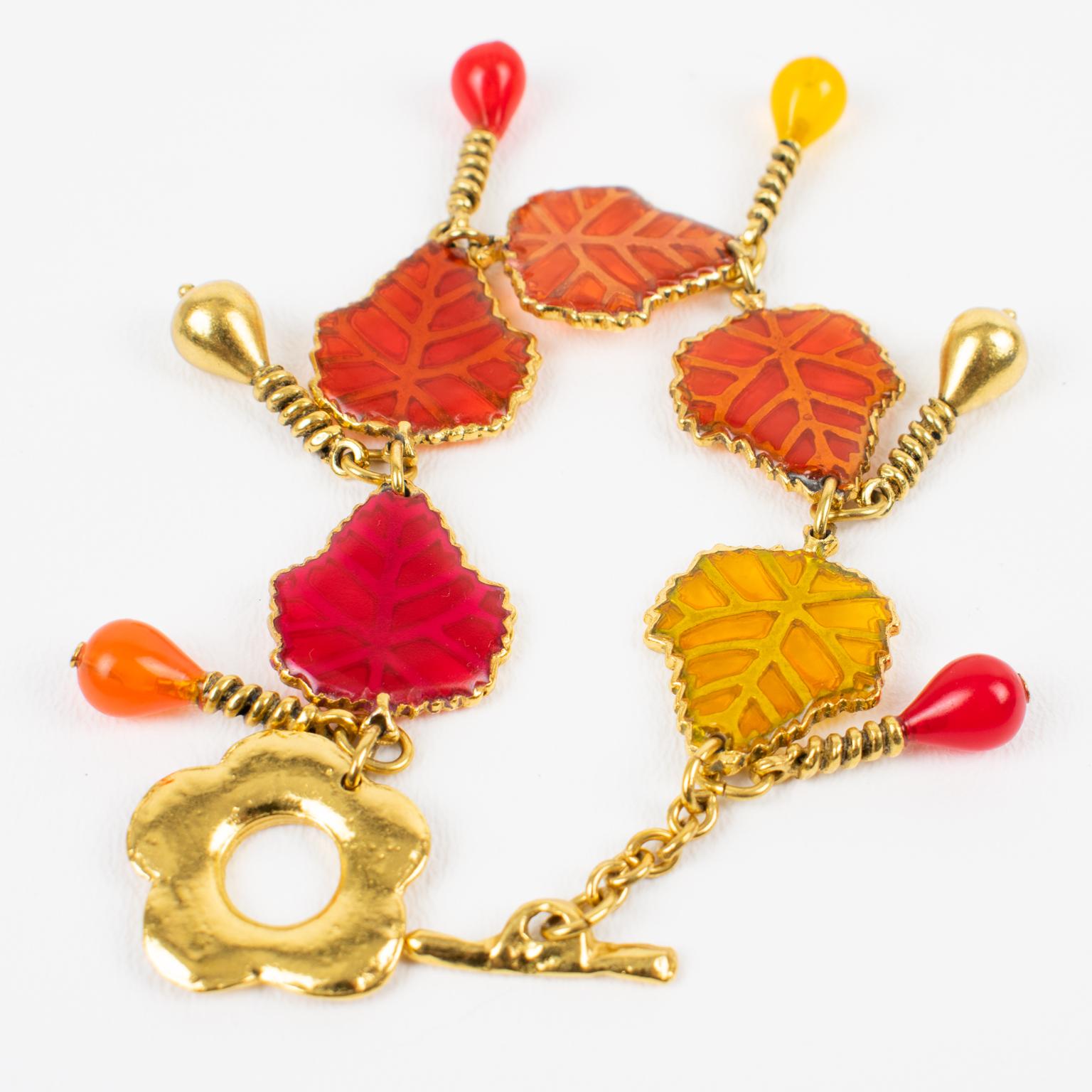 Kenzo Paris Gilt Metal and Multicolor Resin Leaves Bracelet, circa 1980 For Sale 3